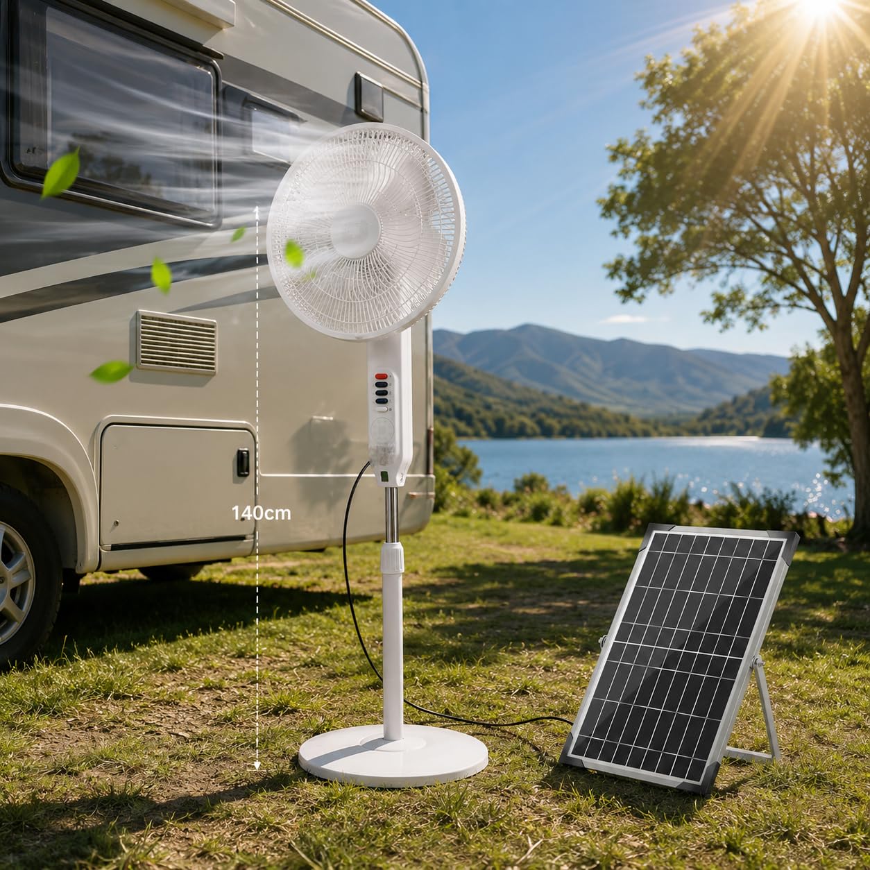 Ventilatore a Piantana con Luce LED con pannello solare, funziona senza corrente - Con Porta USB per ricarica dispositivi - Ideale per camper, barche, roulotte
