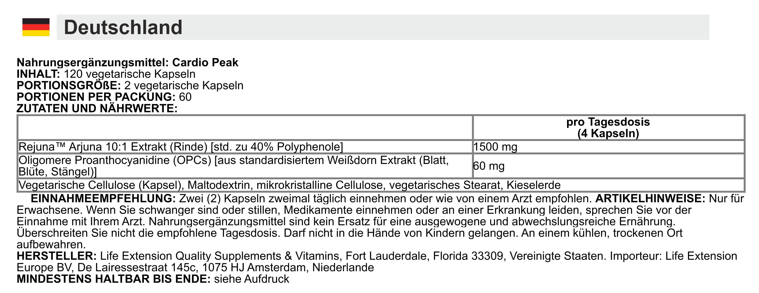 Life Extension - Cardio Peak mit standardisiertem Weißdorn und Arjuna | Herz-Kreislauf-Unterstützung für eine optimale Herzgesundheit - 120 Kapseln