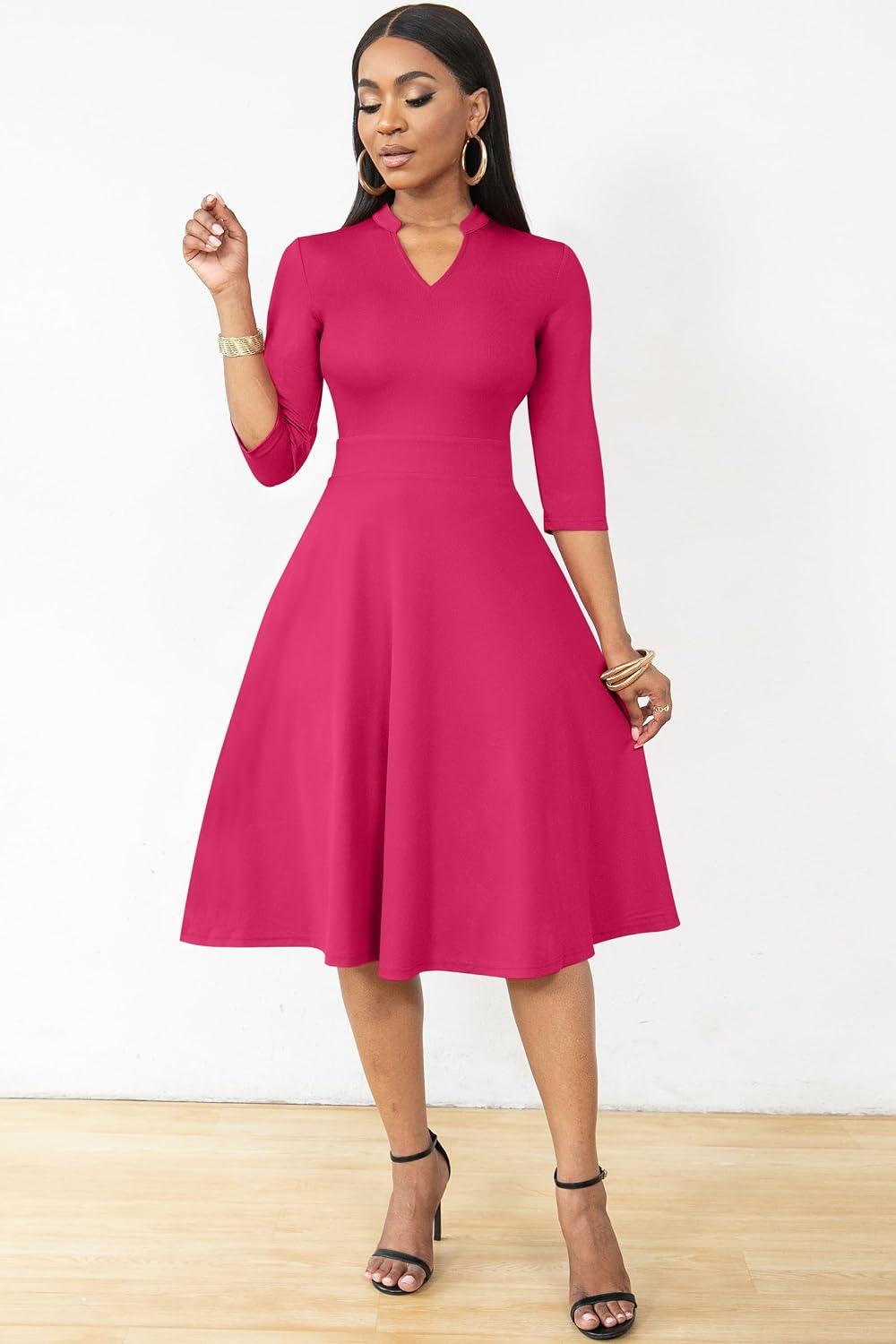 Women's Semi Formal Fit and Flare Dress with 3/4 Sleeves and Pockets - A-Line Church Work Dress — view 3