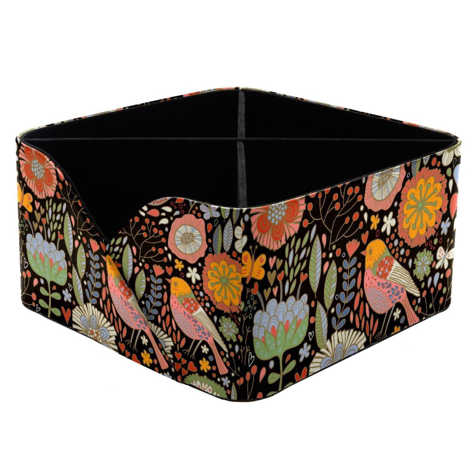 KengjuTesu Retro Floral Bird Desktop Organizer Pen Holder, Rectangular Pencil Cup for Office, Study and Makeup Stations