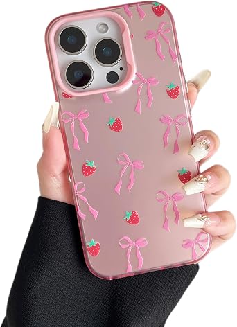 ZTOFERA for iPhone 13 Pro Case,Cute Pink Ribbon Bow Tie Planet Star Floral Aesthetic Phone Case,Trendy Slim Hard IMD Shockproof Protective Bumper Phone Cover for Women Girls,Strawberry