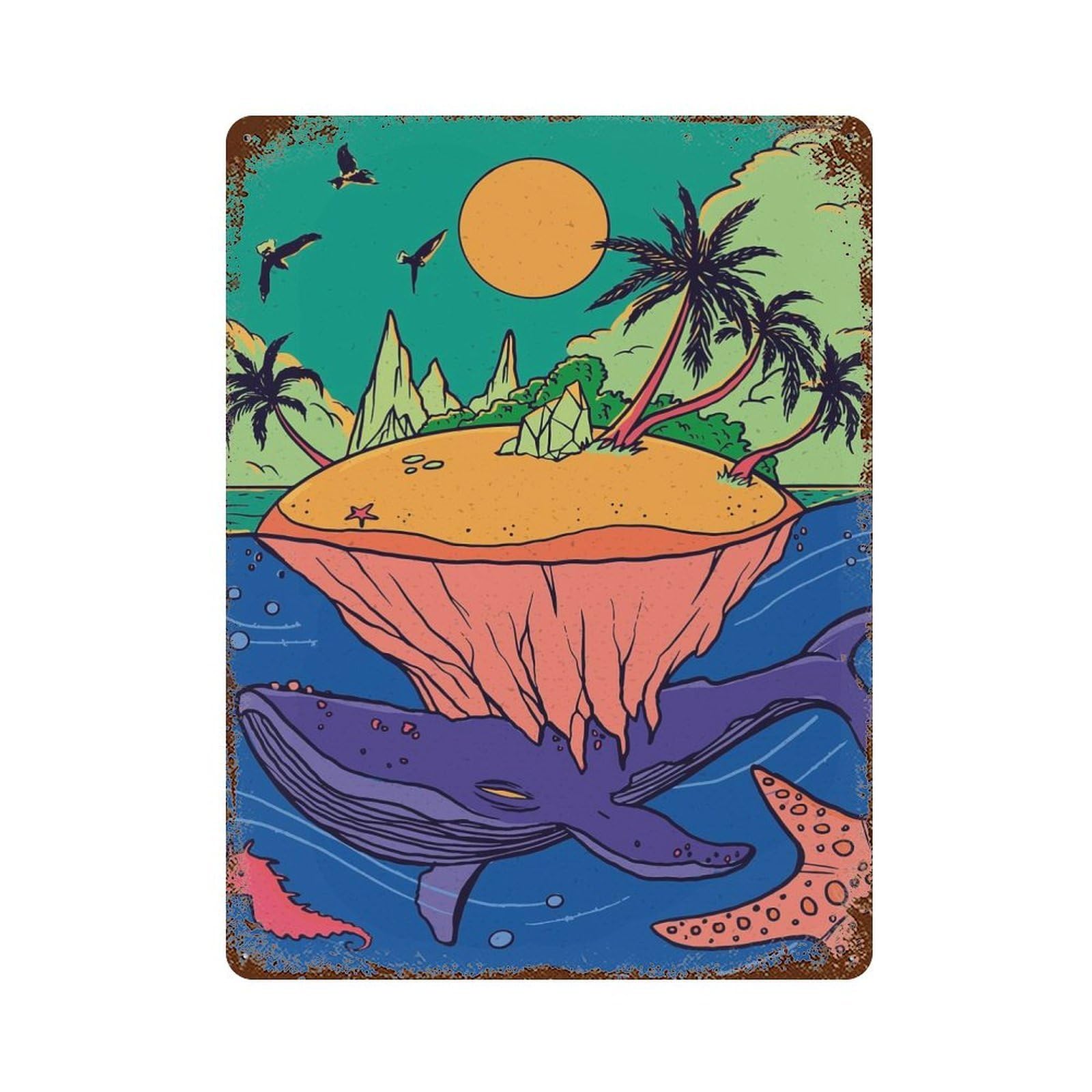 Fantasy Whale Island Decorative Tin Sign 15.7"x11.8", Farmhouse Wall Decor for Living Room, Hallway And Home Decor