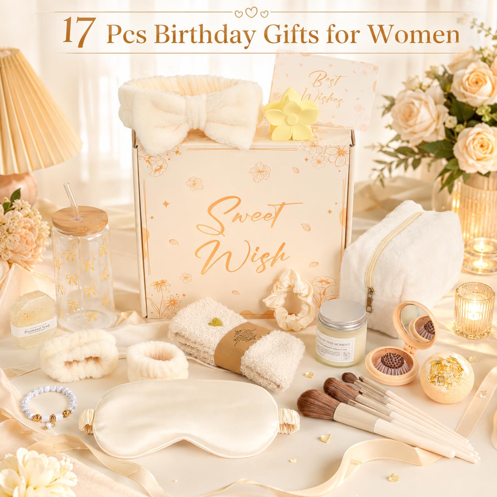 Lot de 17 paniers de spa pour femme - Cadeau d'anniversaire pour femme - Cadeau de remise de diplôme - Ensemble de soins personnels avec peignoir de bain, pinceaux de maquillage, bougie parfumée