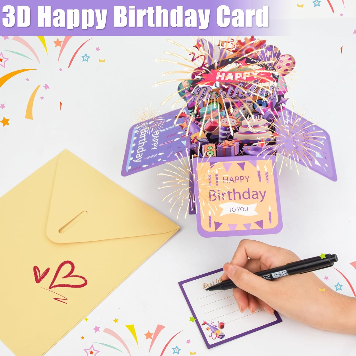 Surprise Pop Up Happy Birthday Cards, Lovely 3D Birthday Card for Adults and Kids with Envelopes, Unique Design Handmade Foldable Greeting Cards for Daughter, Son, Mom, Dad, Friend（Deep Purple） - Image 3
