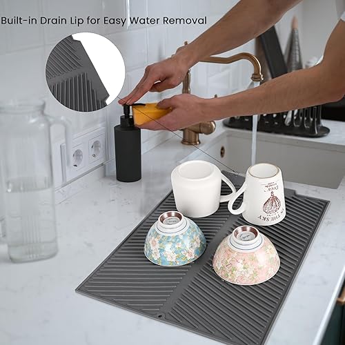 Miniatura 5 de Tapete de silicona para secar platos con borde de drenaje integrado, antideslizante, fácil de limpiar, resistente al calor, tapete escurridor de