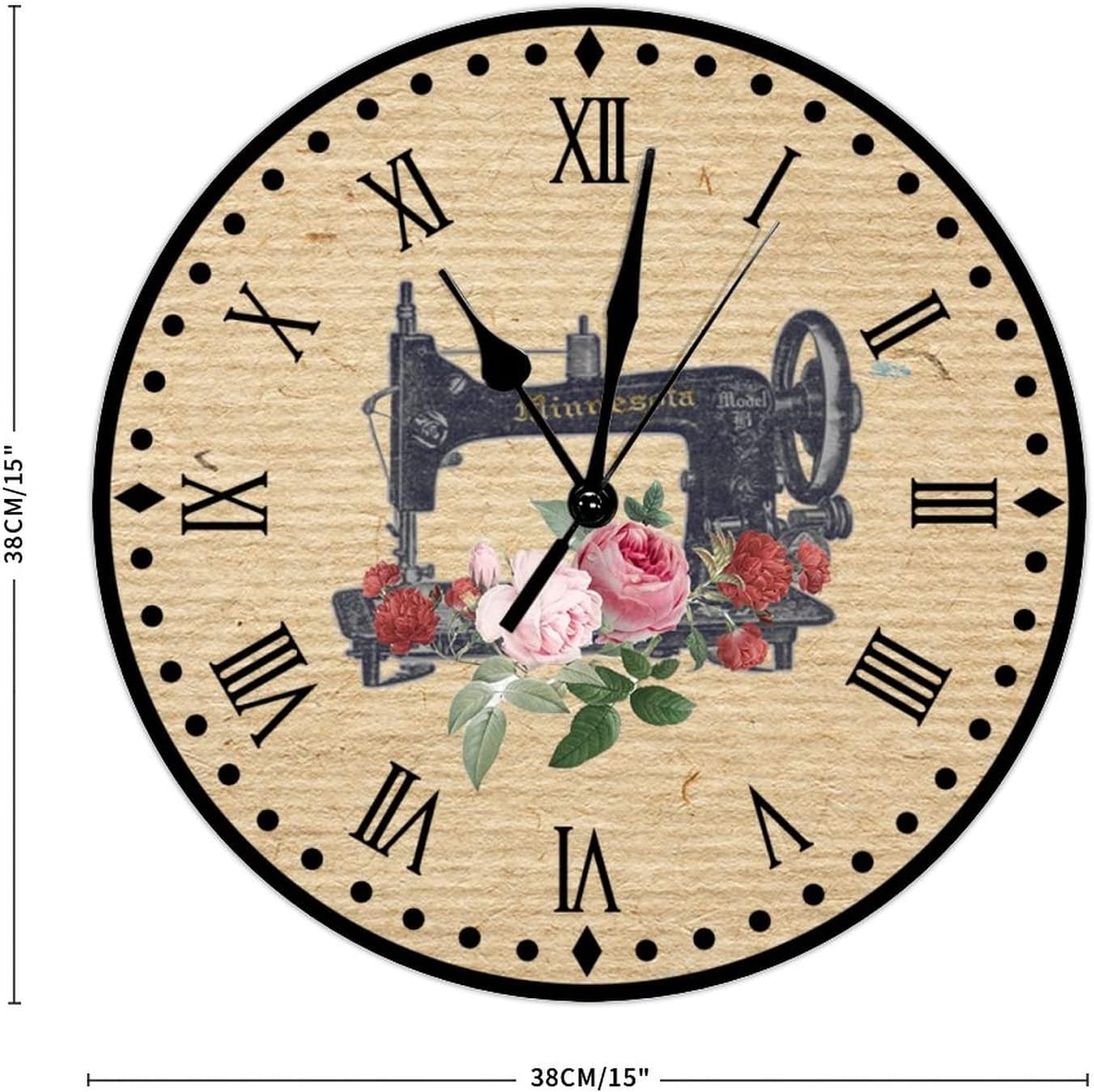 Flower Sewing Machine Wooden Wall Clock Quartz Battery Operated Silent Clocks Seamstress Sewing Machine Wall Clocks Craft Room Decor Clocks Vintage Retro 15inch Round Clock for Living Room