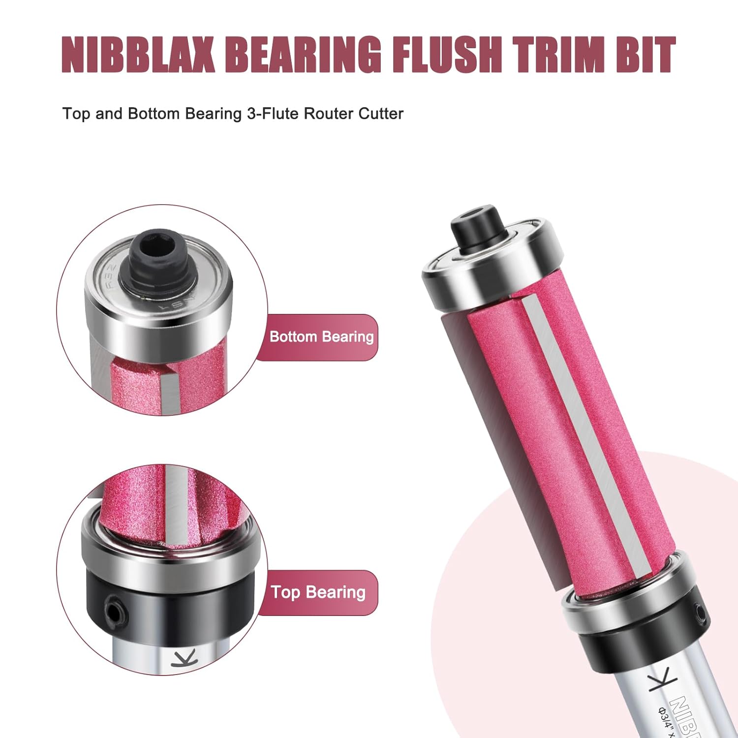 Top and Bottom Bearing Flush Trim Bit - 3-Flute Router Cutter 1/2 Inch Shank, 3/4" Cut Diameter & 2" Cut Length, Flush Trim Cut Router Bit for Woodworking