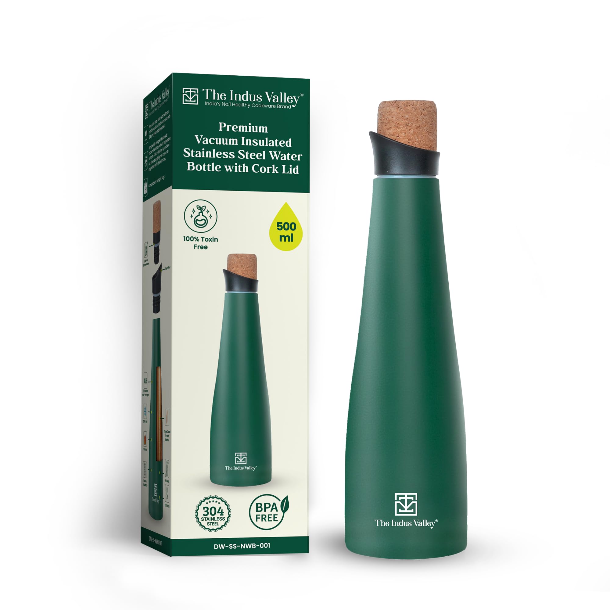 The Indus Valley Double Wall Stainless Steel Vacuum Insulated Narrow Water Bottle | 500 ml | Leak-Proof Lid, Rust-Proof | for School, Office & Gym
