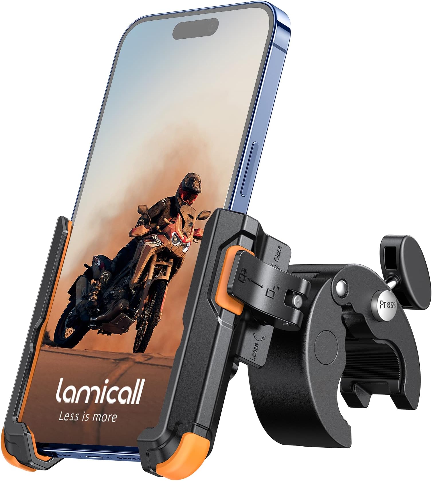 Lamicall Motorcycle Phone Mount Holder - [Camera Friendly] [1s Lock] Bike Phone Holder Handlebar Clamp, Bicycle Scooter Phone Clip, for iPhone Air, 17, 16, 15 Pro Max, Galaxy, 4.7-7" Phones, Orange