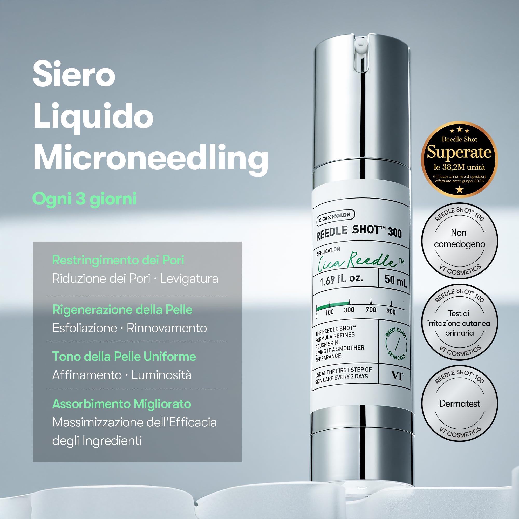 VT COSMETICS VT REEDLE SHOT 300, siero di microago Advanced Night Exosome, centella asiatica, acido ialuronico, propoli, rigenerazione