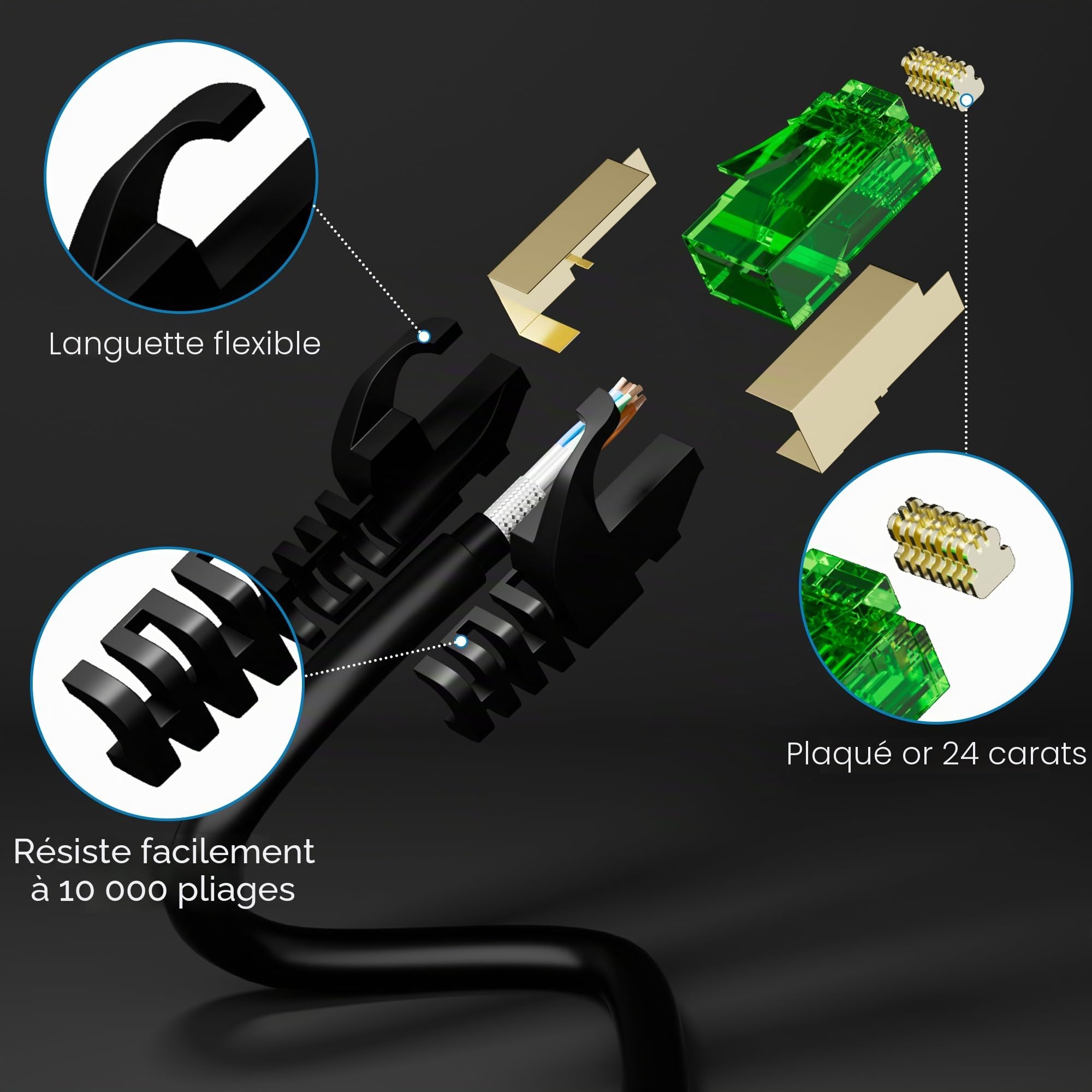 30 mètres Câble réseau 40Gbps CAT 8,pour usage extérieur/intérieur, câble Ethernet S/FTP 2000 MHz,résistant aux intempéries,résistant aux UV,POE,connecteur RJ45+25 attaches de câble