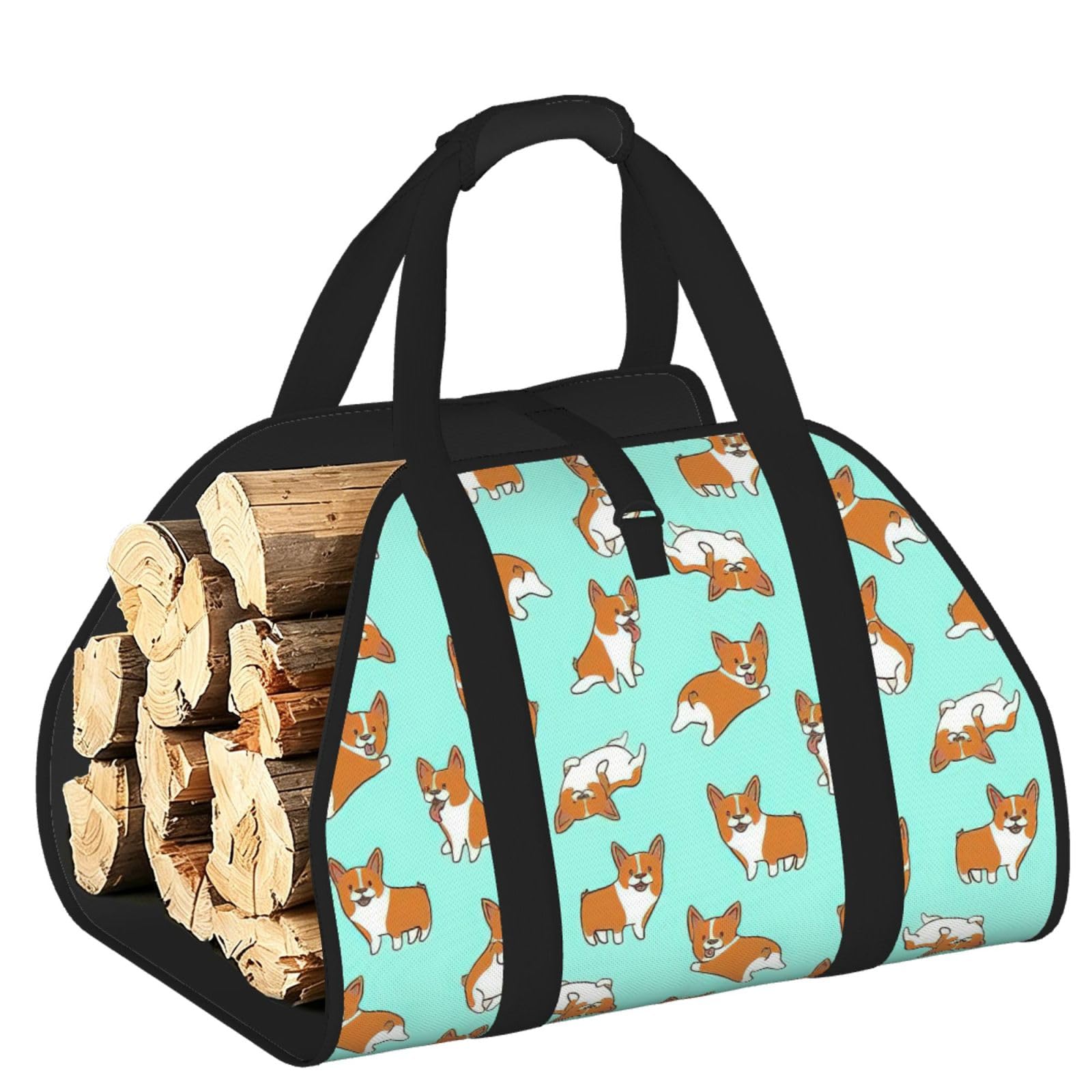 Corgi Cute Dog Printed Firewood Carrier Bag, Log Tote with Open-Ended Design for Camping Outdoor Wood Hauling