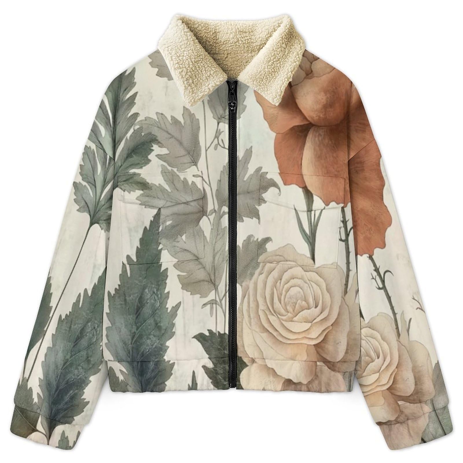 Giacca in Pile da Donna con Chiusura Lampo su Tutta la Lunghezza, Colletto Revers, Cappotto Foglie rose Calda Invernale con Tasche, per Escursioni e Tempo Libero