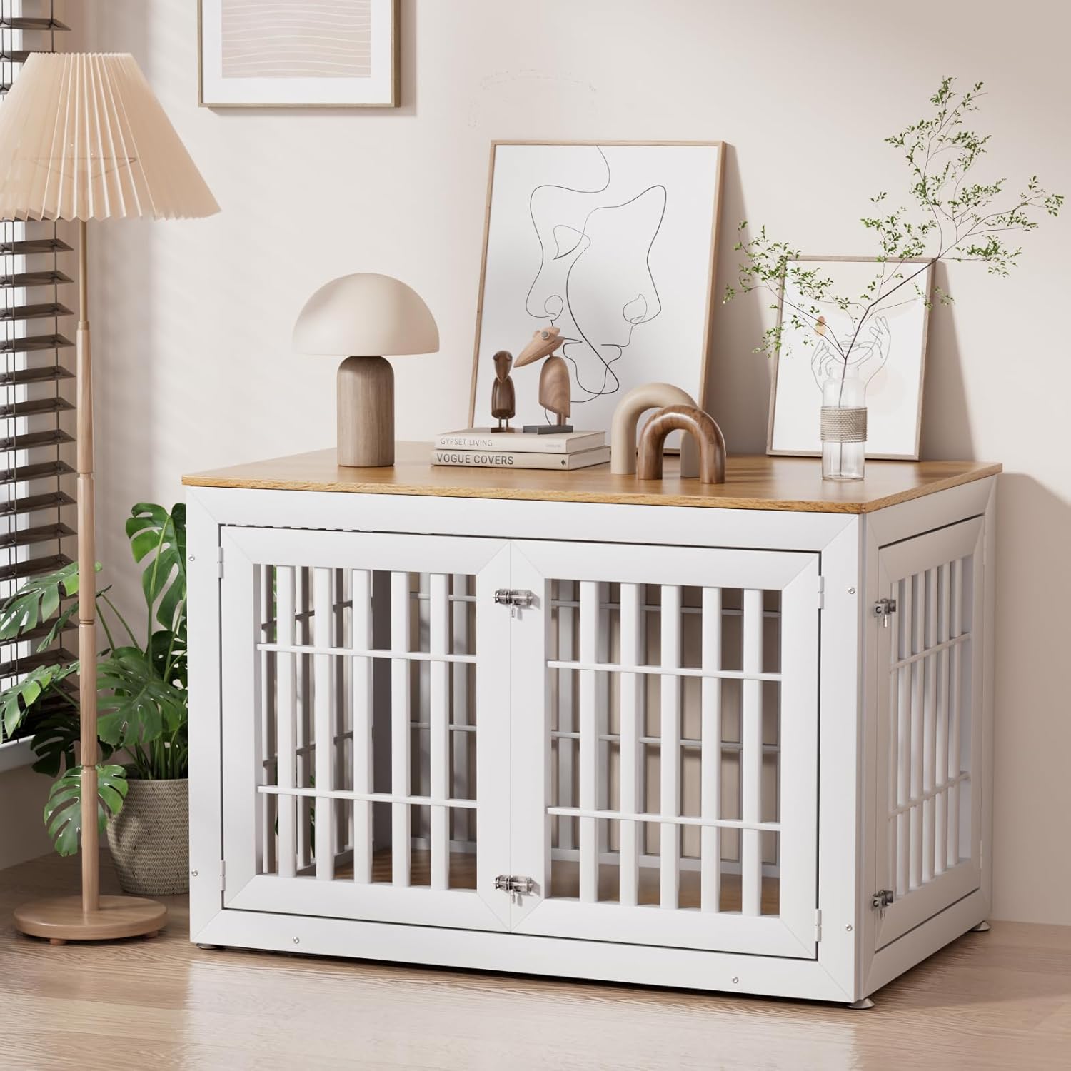 Snuowu 48" Heavy-Duty Dog Crate Furniture for Large Dogs, XXL Wooden Dog Cage Kennel Indoor Furniture, Decorative Pet House End Table, White & Wood