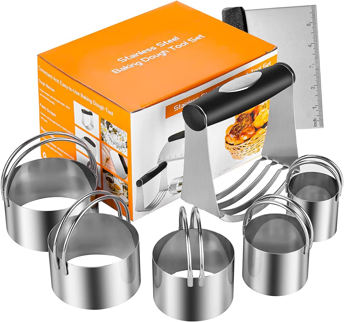 Biscuit Cutter Set,Stainless Steel Pastry Cutters,5 Round Cookie Cutter with Handle, Heavy Duty Dough Cutter-Dough Blender,Professional Baking Dough Tools & Pastry Utensils(3 Pcs/Set)