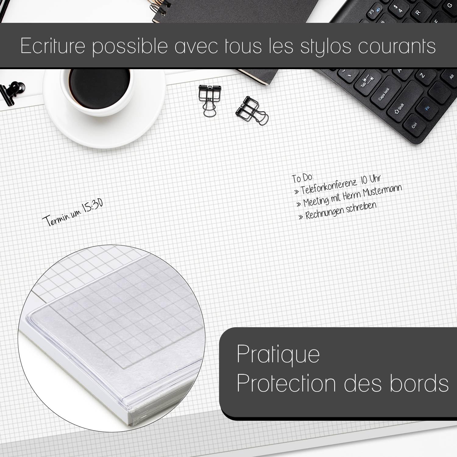 younikat Sous-main de bureau A2 quadrillé 5 mm 2 pcs 40 feuilles - dv1236 | Papier offset 80 g/m², 42 x 59,4 cm, quadrillage 5 x 5 mm, 40 feuilles, carton gris, collage haut et bas