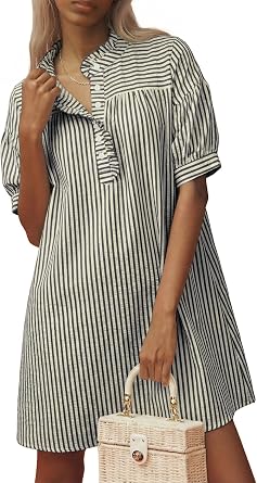 BLENCOT Summer Dresses for Women Puff Sleeve Striped Button Mini Dress