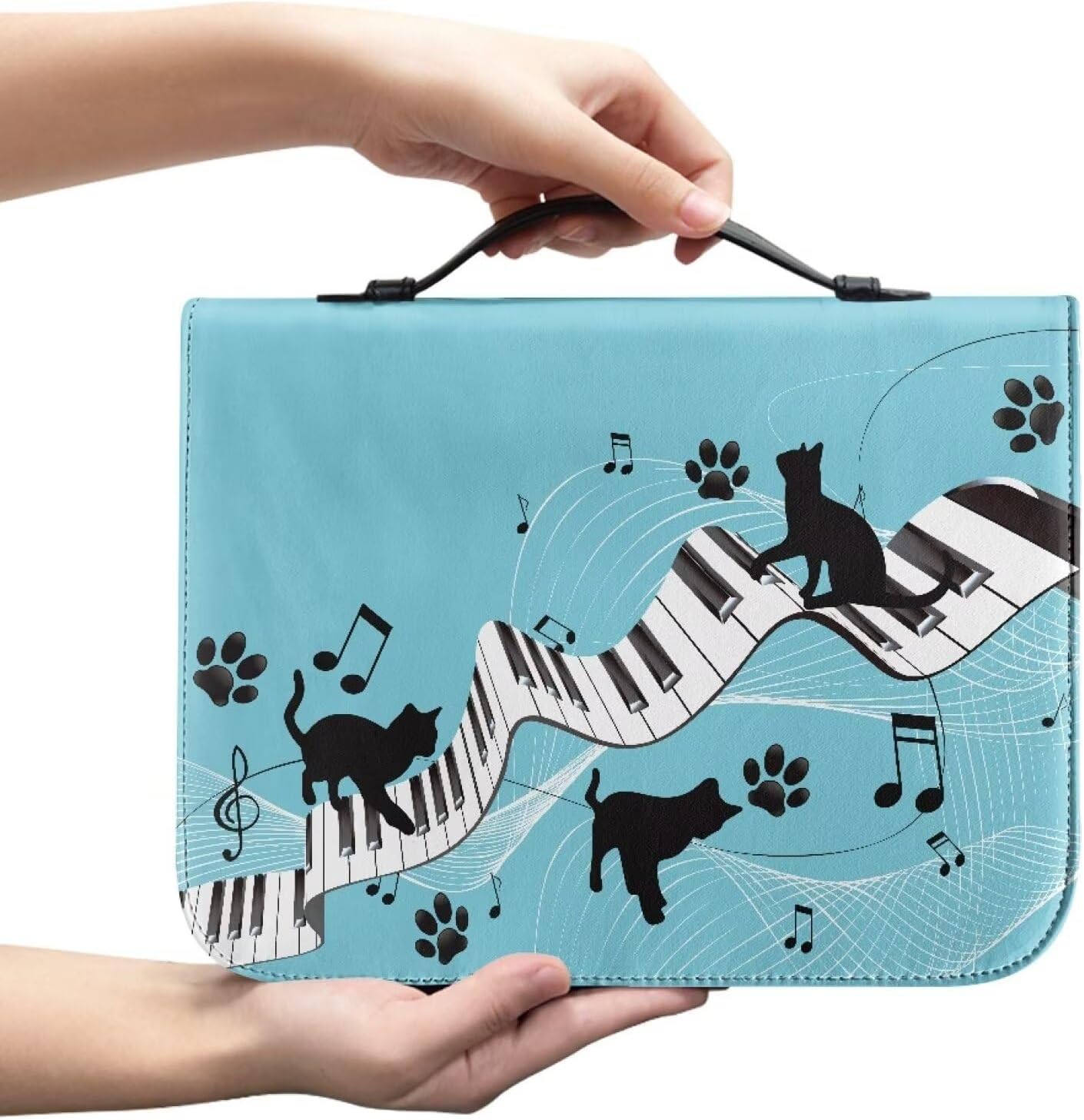 Black Cat Music Bible Cover with Leather Church Bible Cover Organizer Case with Durable Handle Gift for Women Men Multi-Purpose Bible Bookmark Protector