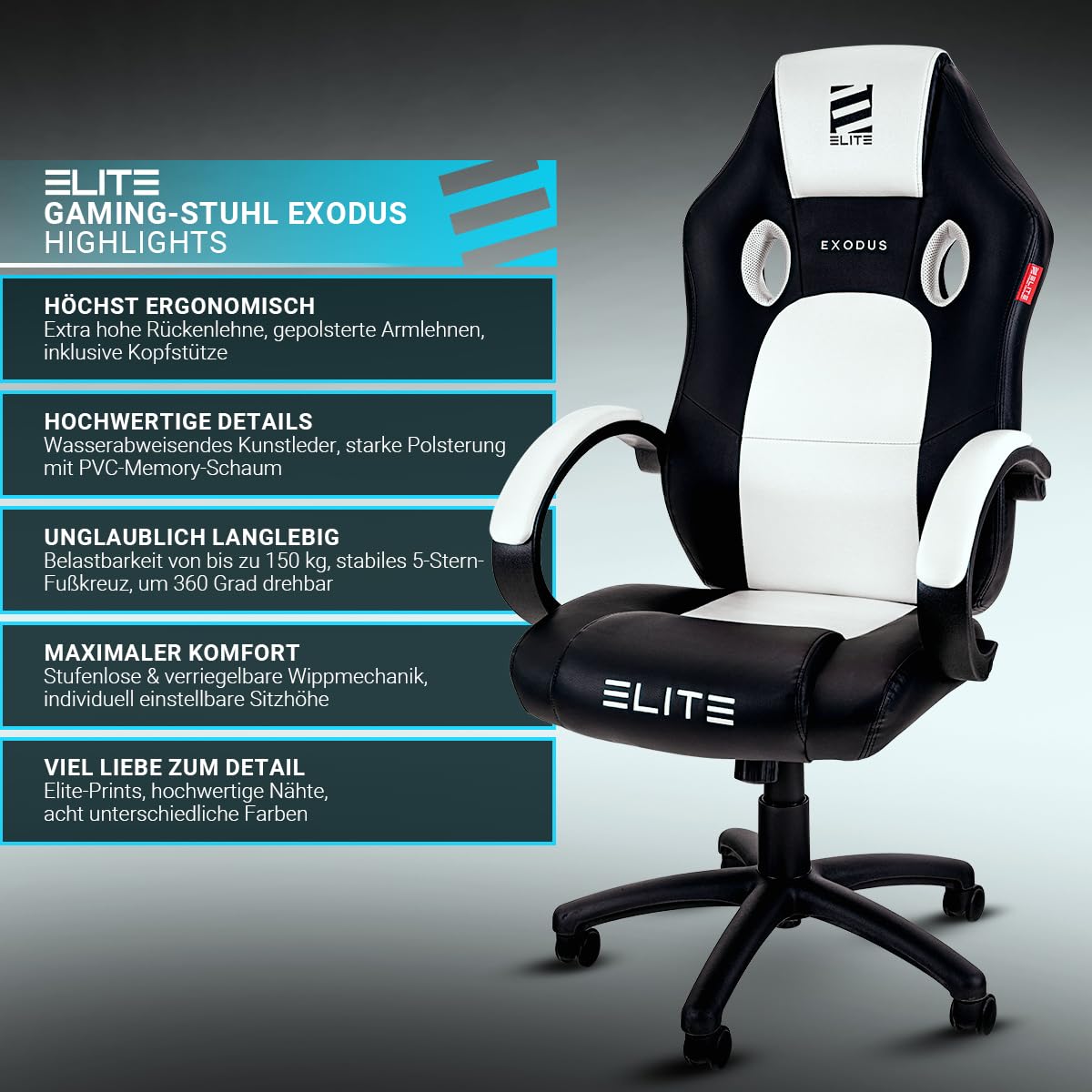 ELITE Gaming Stuhl Exodus | Ergonomischer Bürostuhl - Schreibtischstuhl - Chefsessel - Sessel - Racing Gaming Stuhl - Gamingstuhl - Drehstuhl - Chair - Kunstleder Sportsitz (Schwarz)