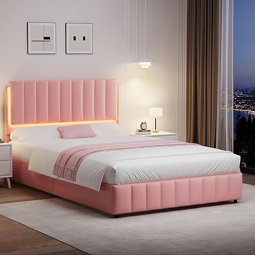 Miniatura 15 de Base de cama tapizada individual con luces LED, plataforma de piel sintética con cabecera y soporte de listones de madera, no necesita somier, sin