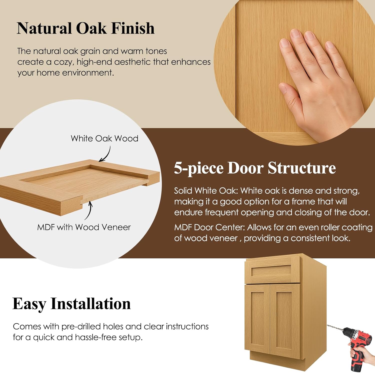 Kitchen Base Cabinet, 24" Base Cabinet with Drawer, Pantry Cabinet, 2 Soft Close Doors, 1 Drawer and Adjustable Shelf, Shaker, Unassembled, RTA (White Oak and MDF Door, 24"W X 34 1/2"H X 24"D)