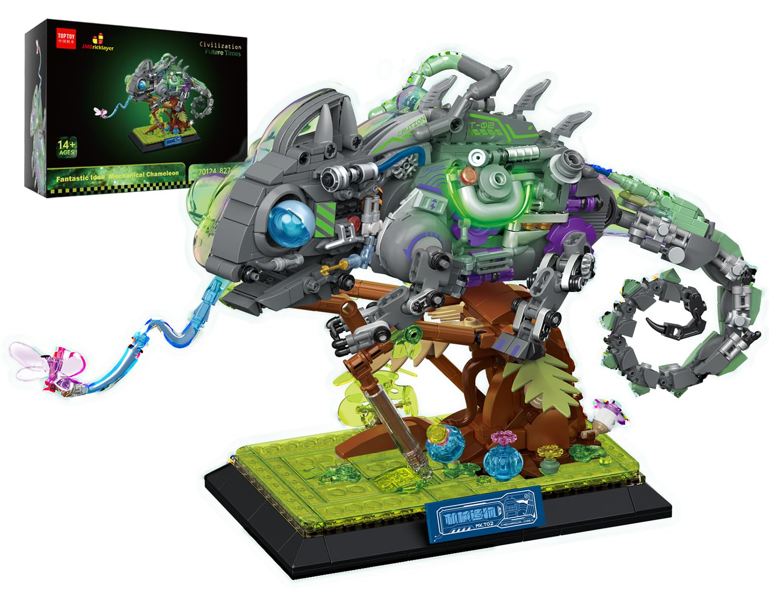 JMBricklayer Neon Body Mechanical Chameleon Building Sets 70124, Cool Animals Collectible Display Model Kits with Base, Creative Design Construction Toys Gifts for Boys Girls Adult (827 Pieces)