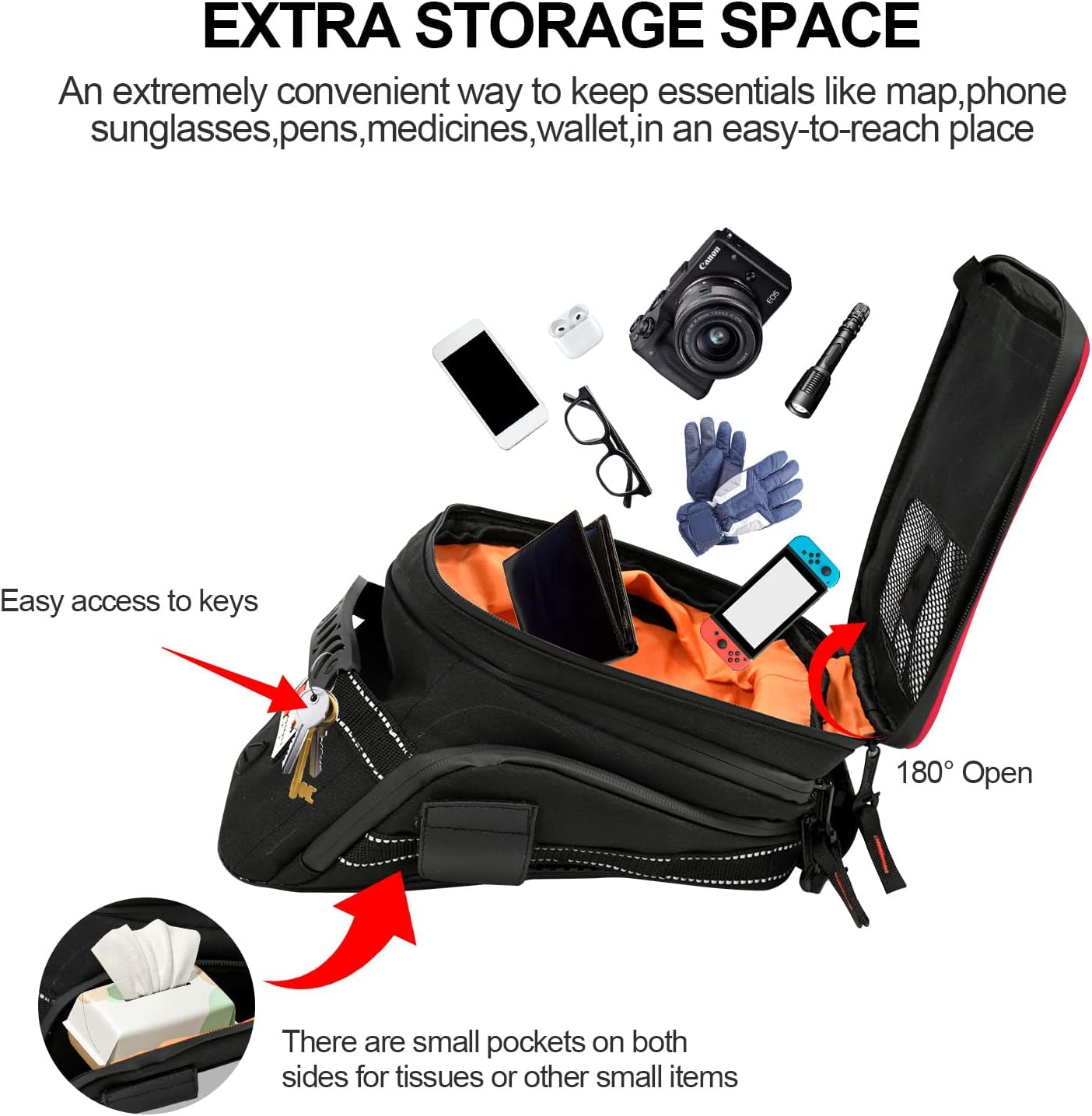 Motorcycle Tank Bag w/Strap Storage Bag Compatible with Honda Yamaha Suzuki Kawasaki Harley Water Resistant (Red Piping)