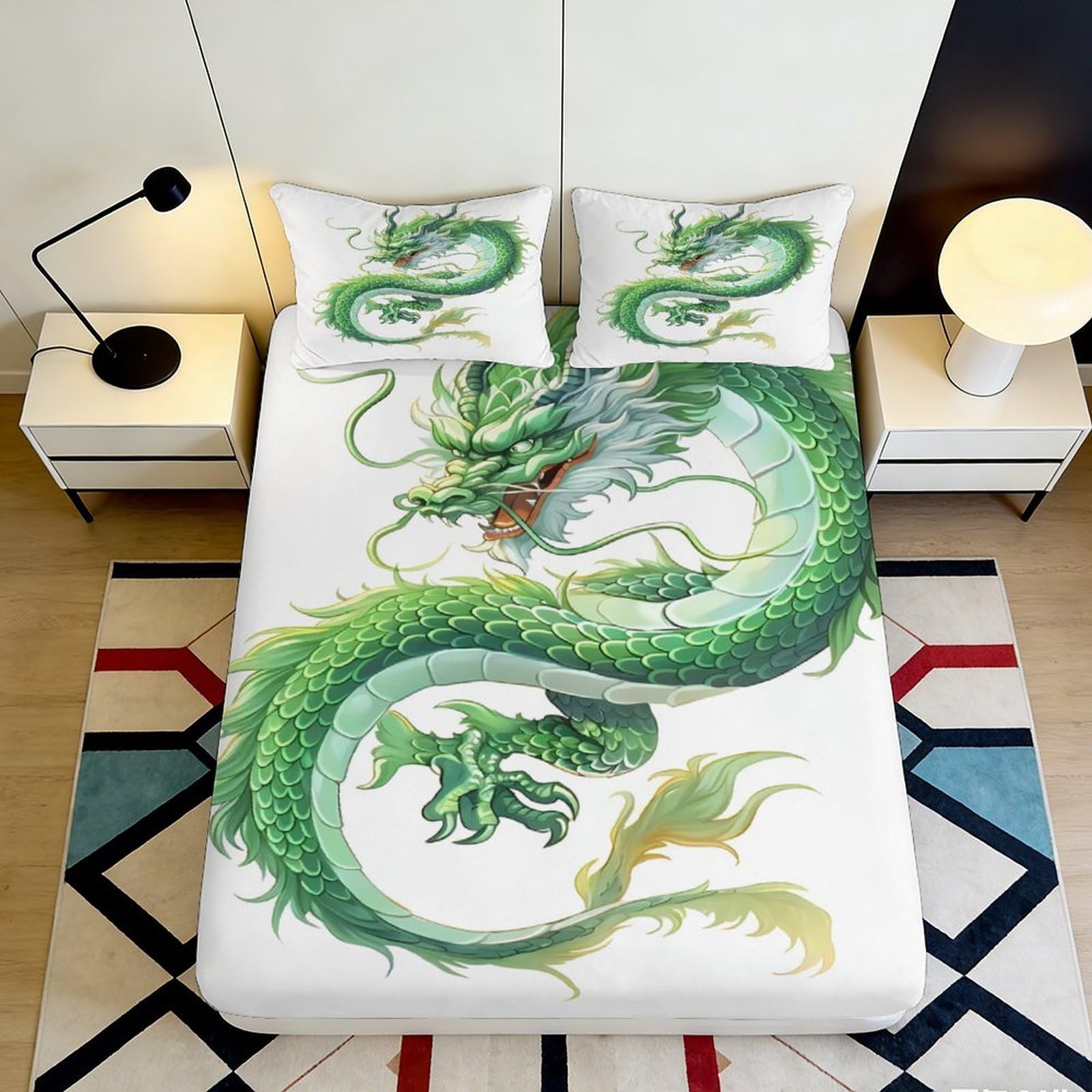 3D Printed Green Dragon Fitted Sheet Microfiber Non-slip Bed Cover Mythical Serpent Mattress Protector Decor for Bedroom 90x200x25cm