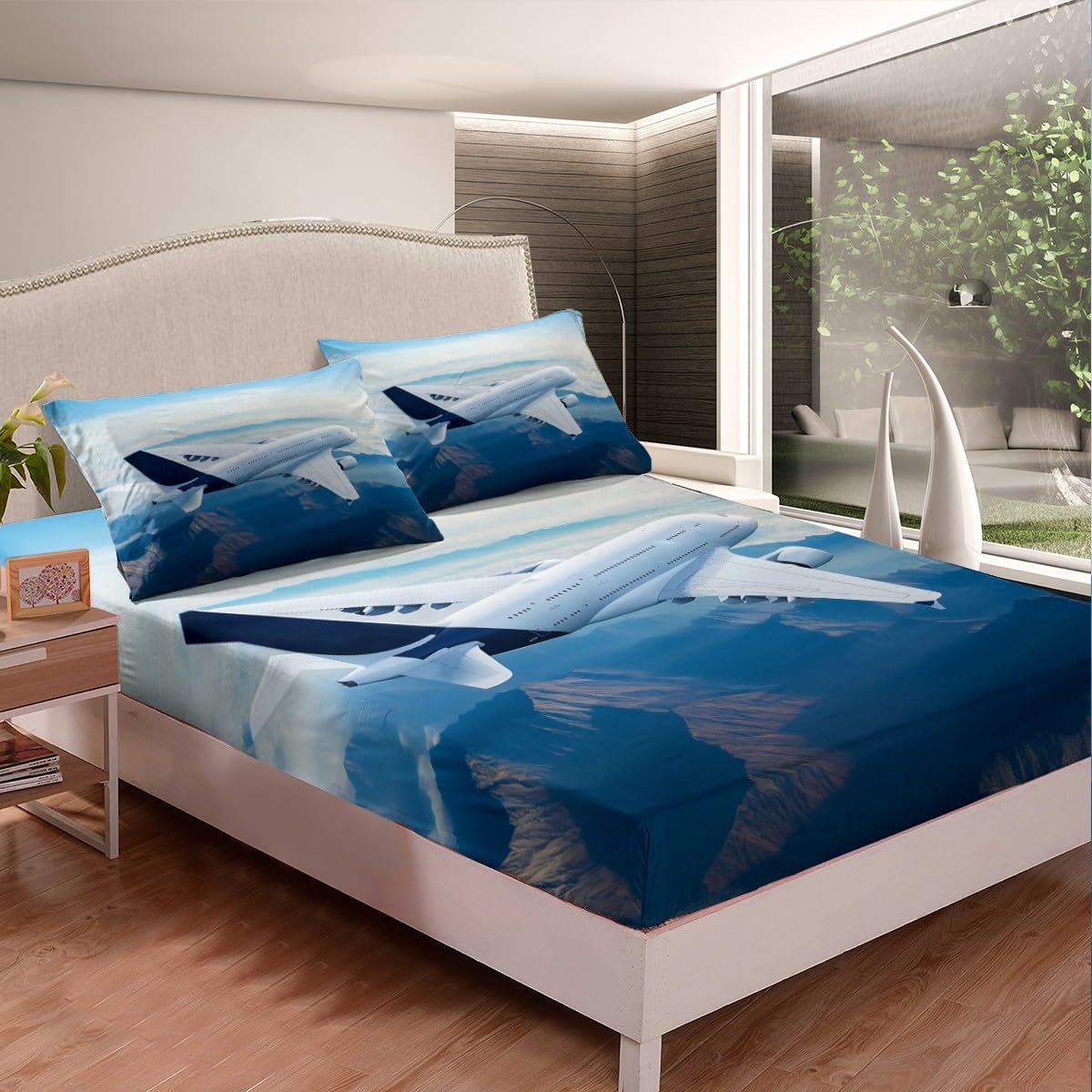Feelyou 3D Aircraft Bedding Set Airplane Print Bed Sheet Set for Kids Boys Girls Teens Blue Sky Flying Plane Lightweight Microfiber Fitted Sheet Bedroom Decor 3Pcs Bed Cover Full Size