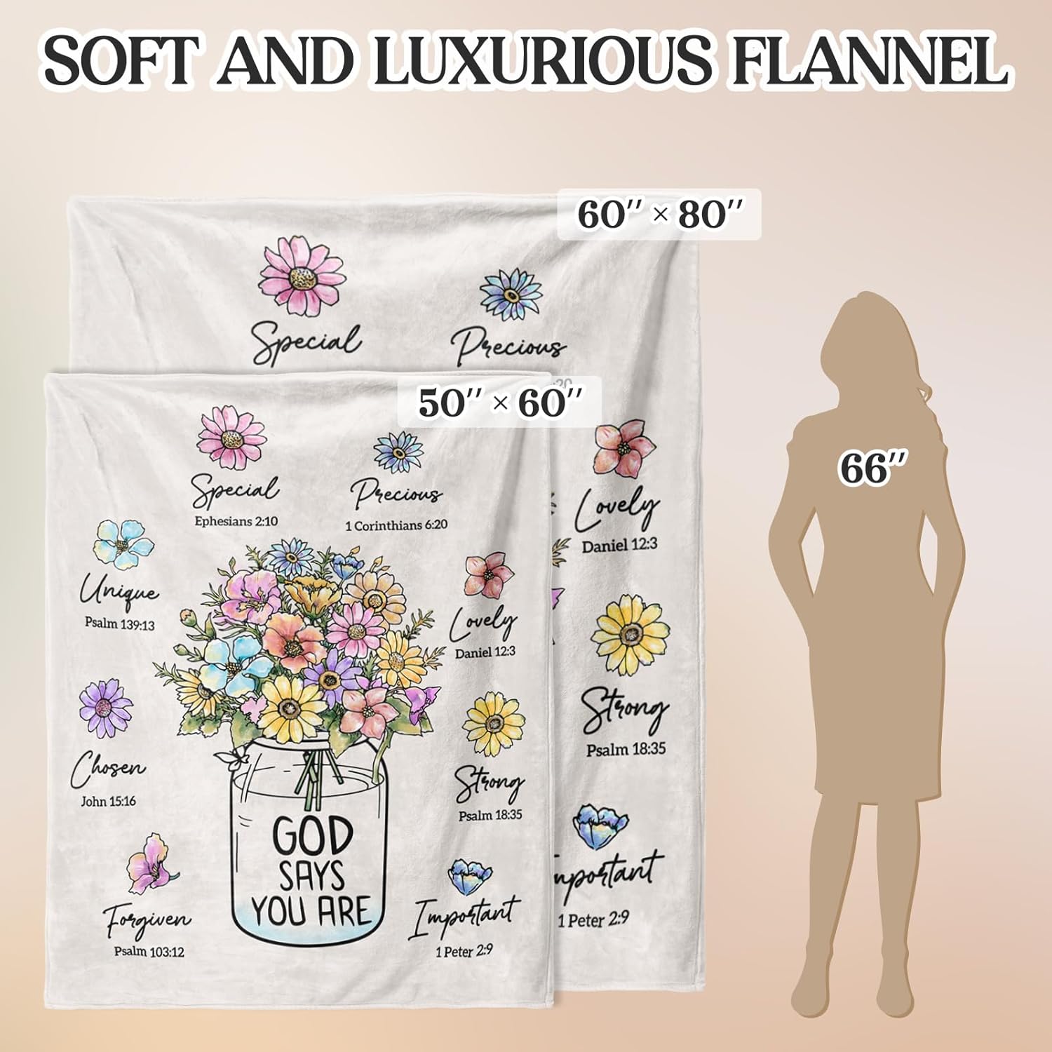 Christian Gifts for Women, Christian Blanket with Flowers 80 x 60“, Inspiration Gifts for Women, Encouragement Religious Gift, Faith Birthday Blanket for Woman, Mothers Day Christmas Easter