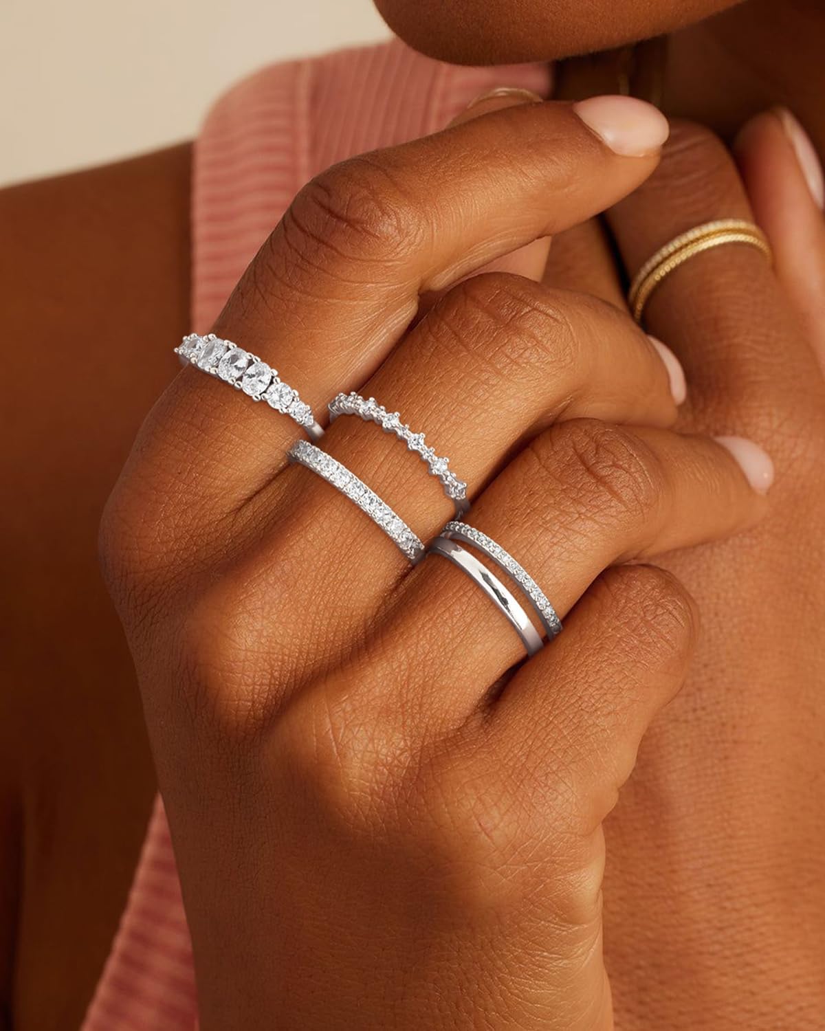 FROLOVER Stackable Silver/Gold Rings for Women Non Tarnish Trendy Dainty 14K Gold Plated Stacking Cubic Zirconia Thumb Ring Set Minimalist Promise Wedding Bands Engagement Rings for Women Size 6-10 - Image 7