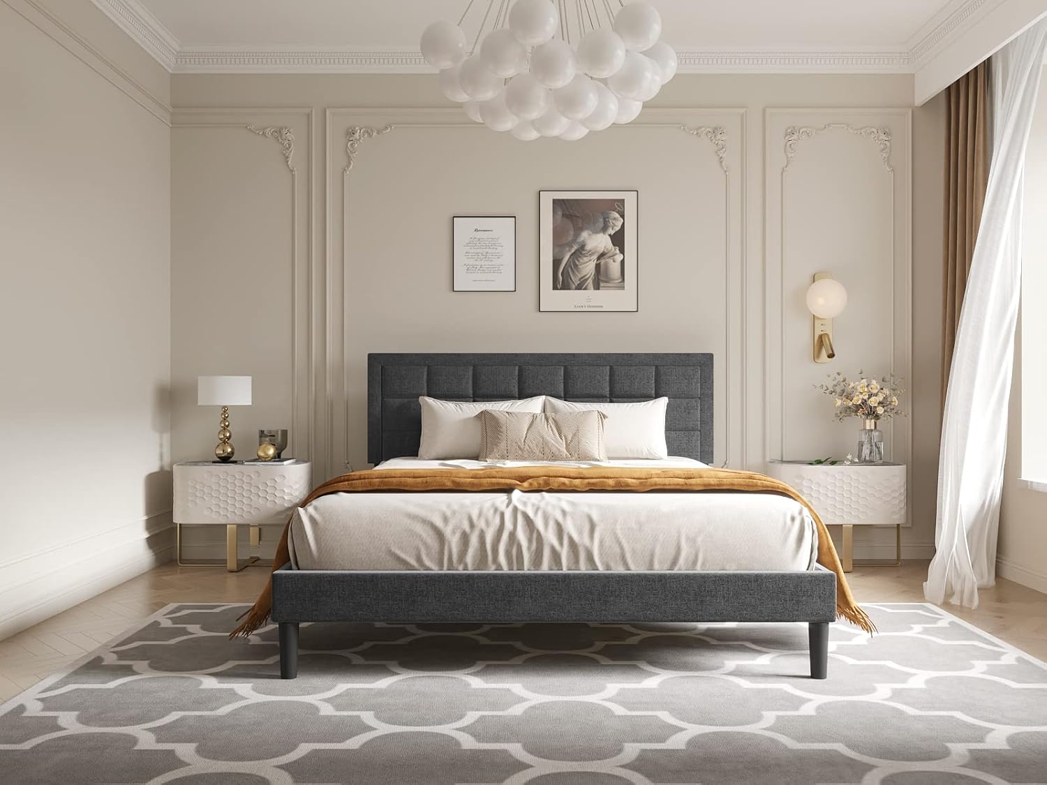 Nazhura Queen Size Bed Frame Upholstered Modern Low Profile Platform with Tufted Headboard/No Box Spring Needed/Linen Fabric Upholstery/Charcoal Grey