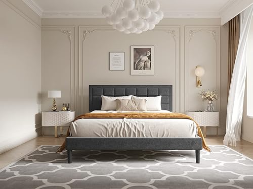 Miniatura 2 de Nazhura Marco de cama tamaño King tapizado moderno de perfil bajo con cabecera copetuda no necesita somier tapicería de tela de lino gris carbón