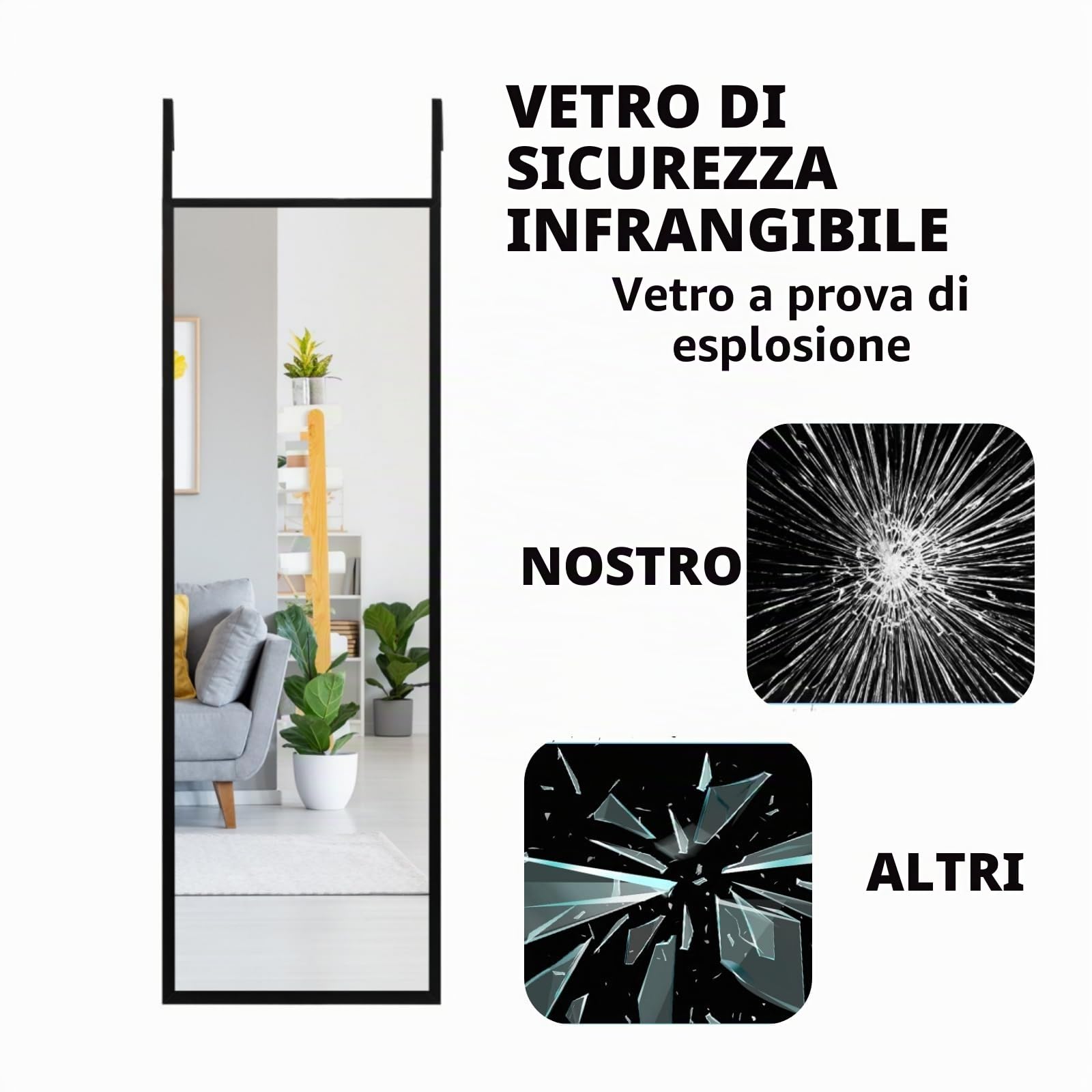 LIFEZEAL 2 in1 Specchio da Parete Lungo con Gancio Regolabile, Specchiera Rettangolare 107,4 x 36,5 cm per Soggiorno e Camera da Letto, Bagno, Moderno (nero)