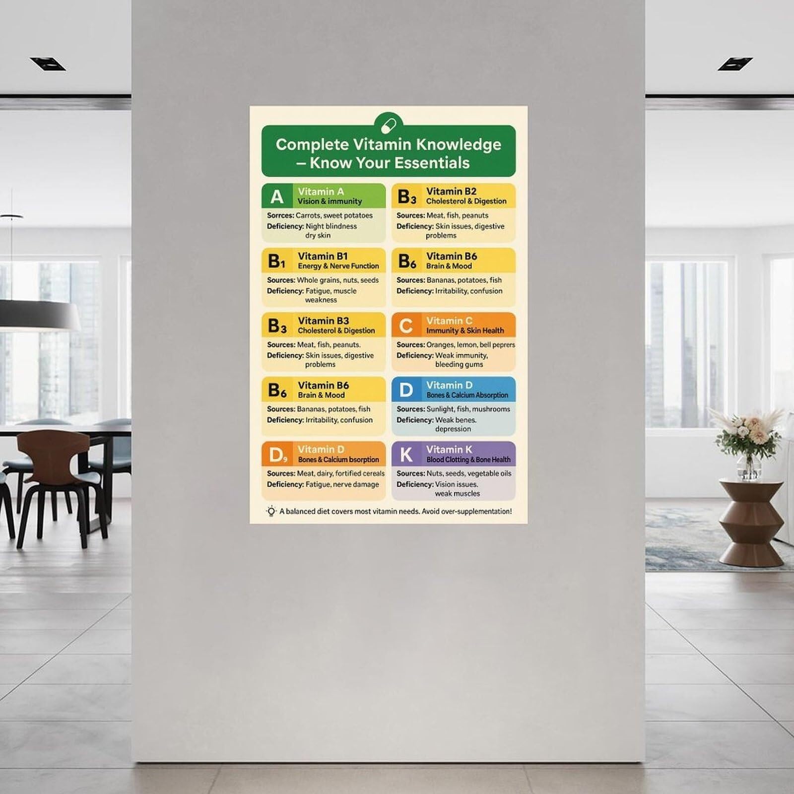 BIANMTSW Plakat referencyjny dietetyka - kompletny przewodnik po witaminach i minerałach dla ludzkiego ciała, wykres edukacyjny oprawiony, 40 x 60 cm