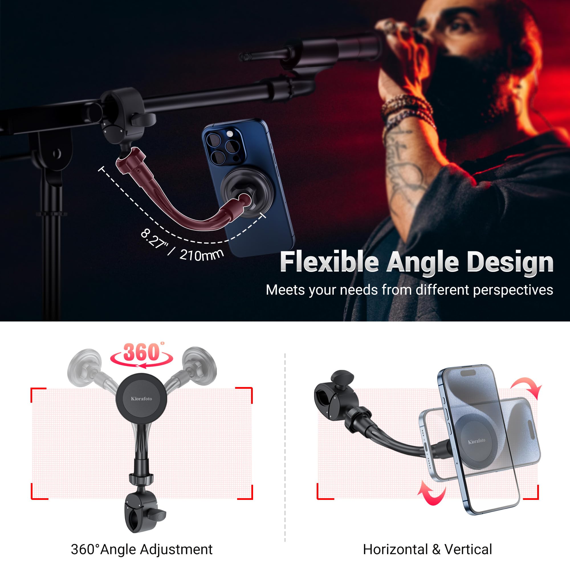 Mic Stand Phone Holder,11"Magnetic Phone Mount with Removable Gooseneck & Locking Angle,Flexible Microphone Music Stand Phone Holder Clip for iPhone 17 16 15 14 13 Pro Max,Mag-Safe Case & All Phones - Image 3