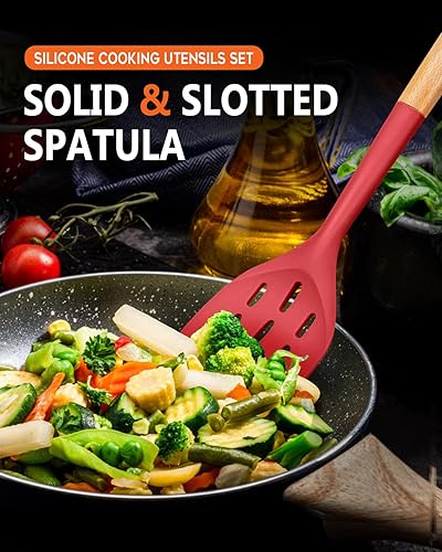 Miniatura 6 de Paquete de 2 espátulas de silicona, juego de utensilios de cocina antiadherentes, mango de madera, girador de cocina para hornear, mezclar, asar a