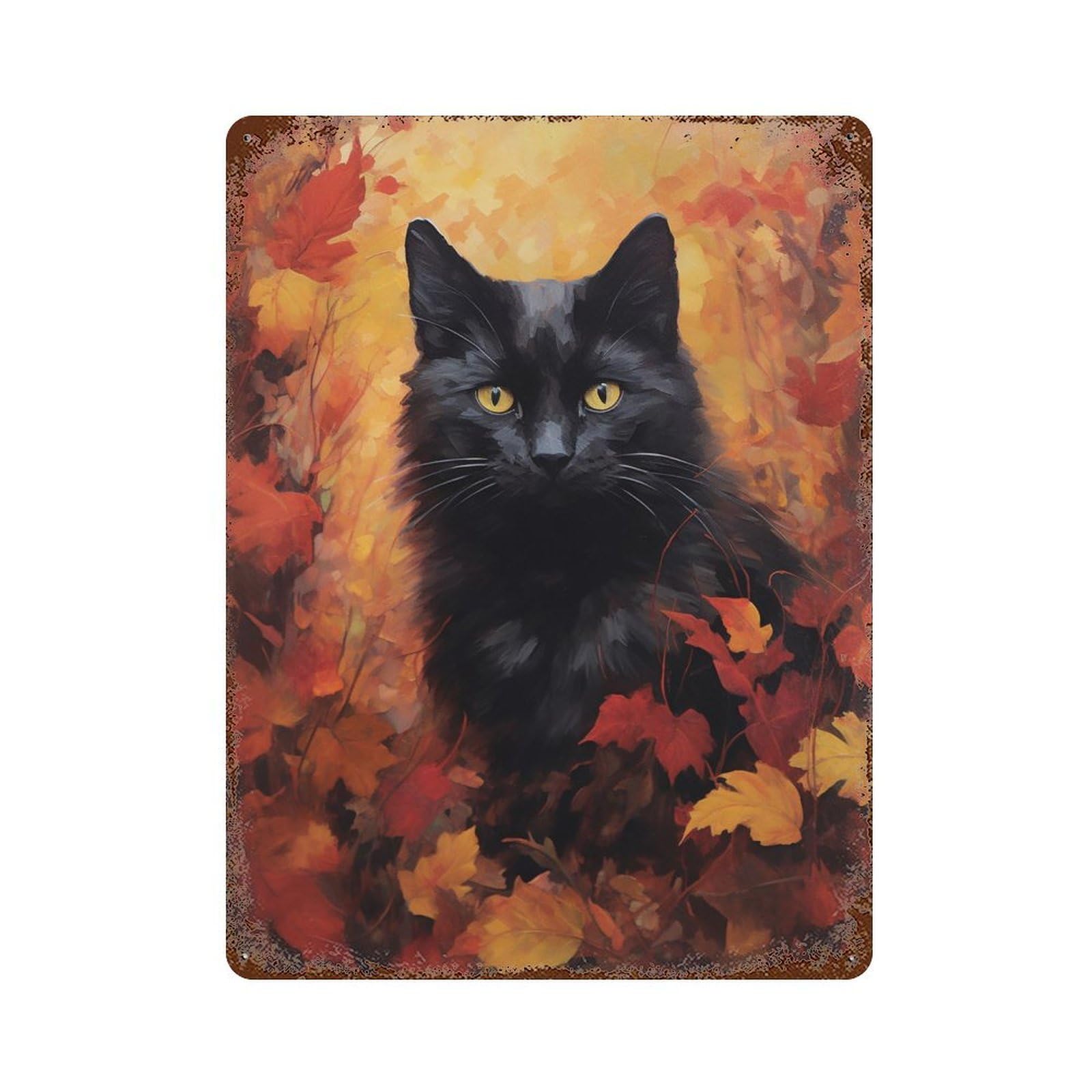 Autumn Leaves Black Cat-3 Rust Effect Tin Sign 15.7"x11.8", Novelty Wall Decor for Patio, Garden Room And Bar Decor