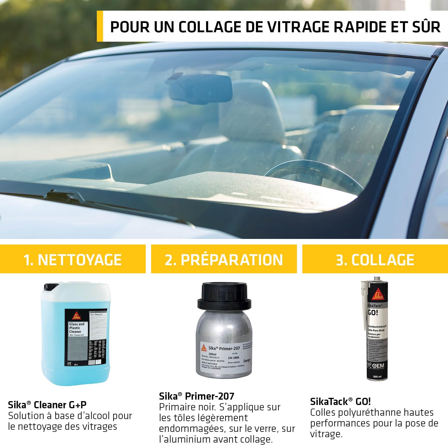 SIKA - Kit de remplacement de pare brise - SikaTack Go - Tout en un - Séchage rapide en 2 heures - Tous types de véhicules - Cartouche + Primer