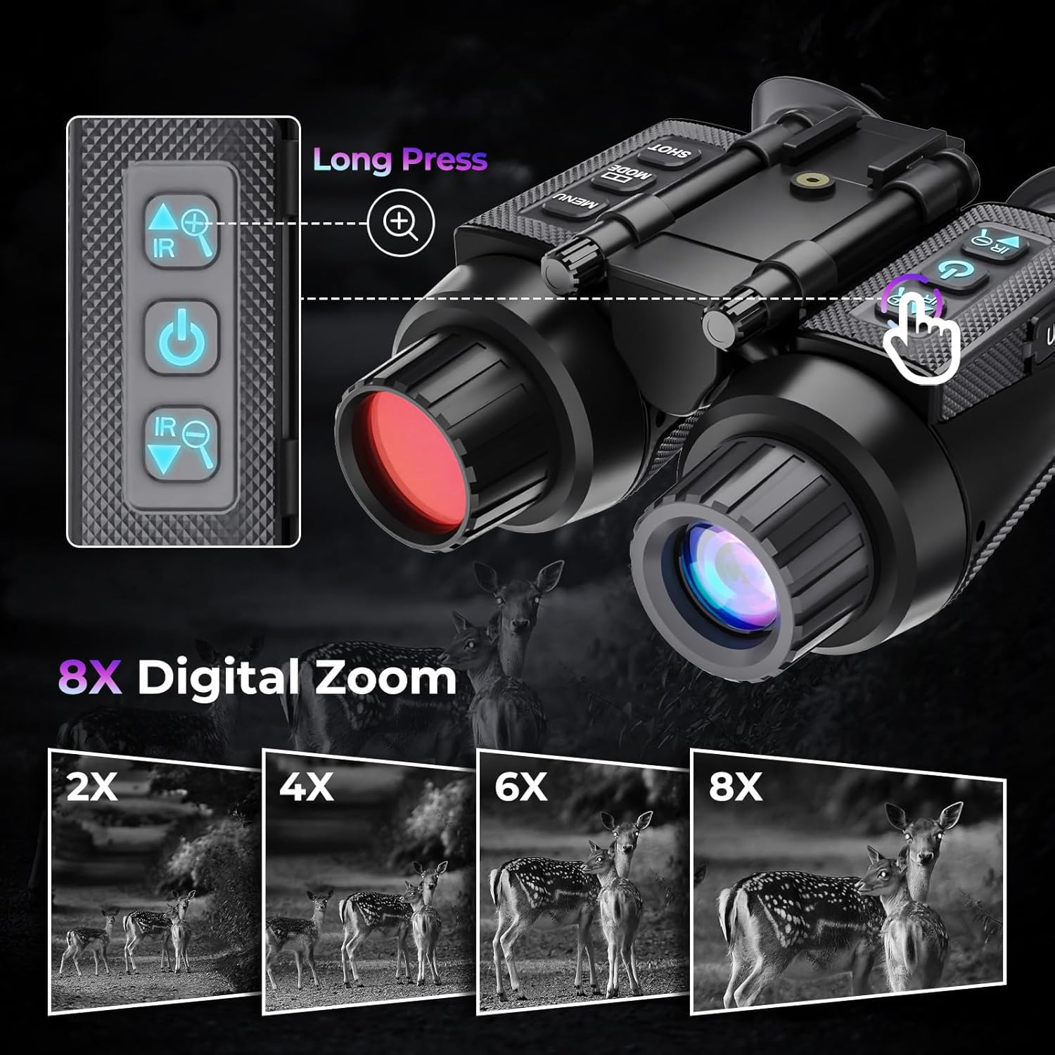 Nachtsichtgerät mit 3D-Vision-Effekt Infrarot Digital 8X Zoom Völlig Unabhängig Einstellbare Nachtsichtbrille Jagdfernglas für Erwachsene Nachtsicht und Tag Militär Freihändiges NGV für Helm