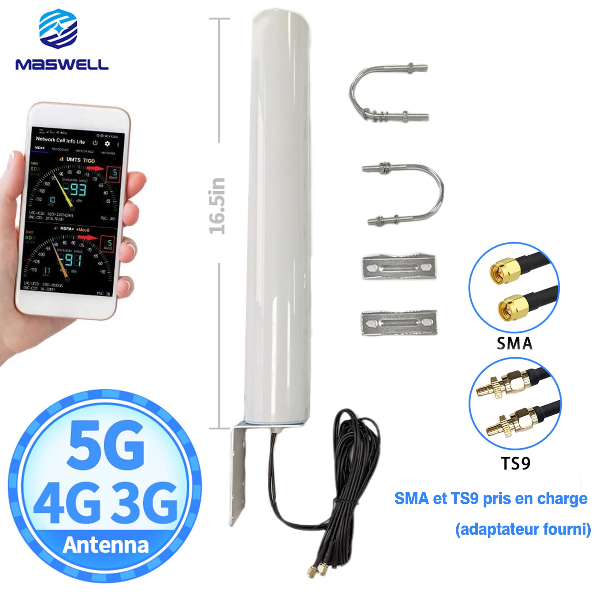 Maswell Antenne Extérieure Externe 5G 4G WiFi 6-2X2 MIMO Omni Full Band 700-6000 MHz, Jusqu'à 4.5 dBi Gain - Compatible avec O2, Vodafone, Three, EE - SMA Mâle avec Adaptateur TS9