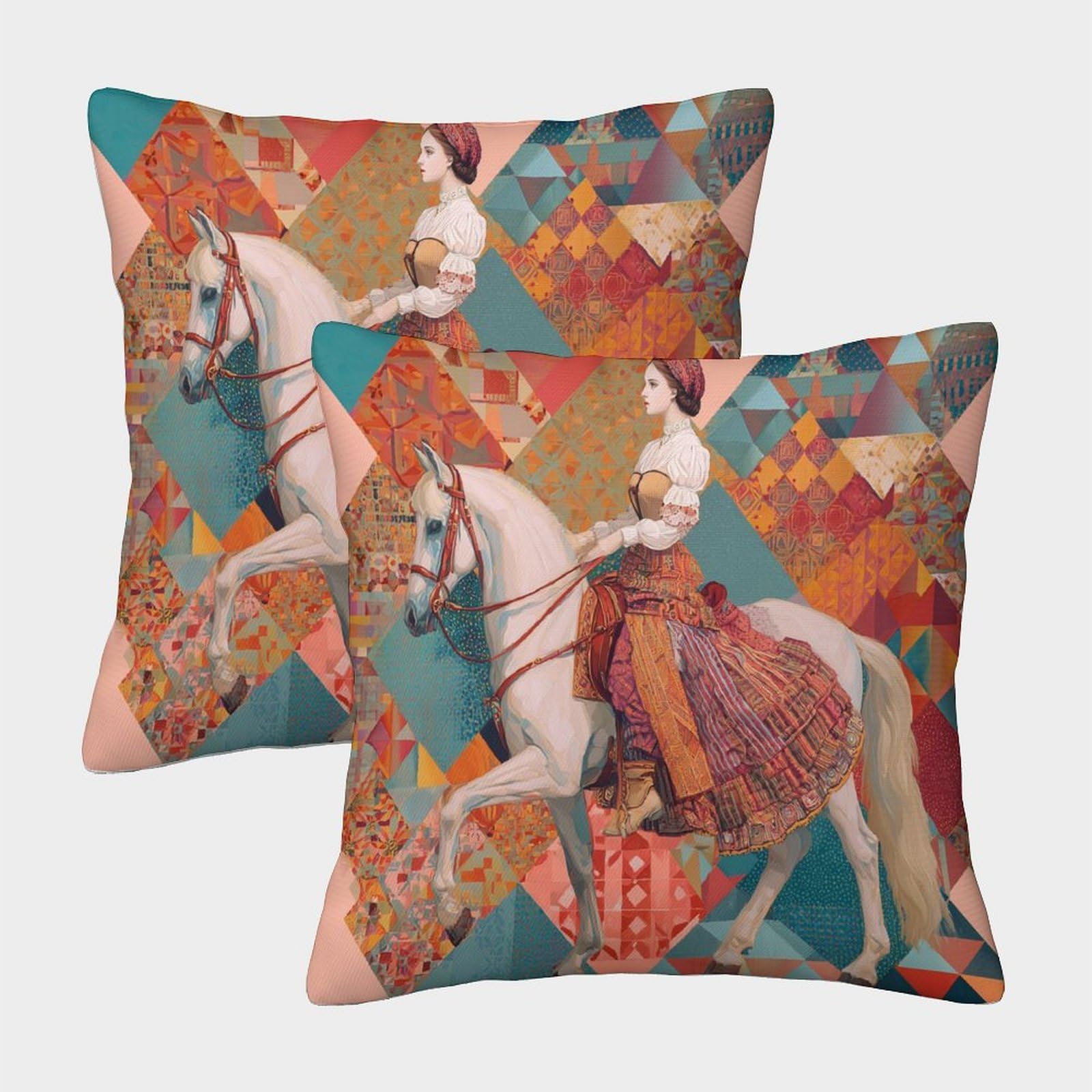 kaiyun 2 Pack A Woman Rides on Horseback, Geometric Shapes And Rhombuses 3D Image Printed Single-sided Cushion Cover 45x45cm