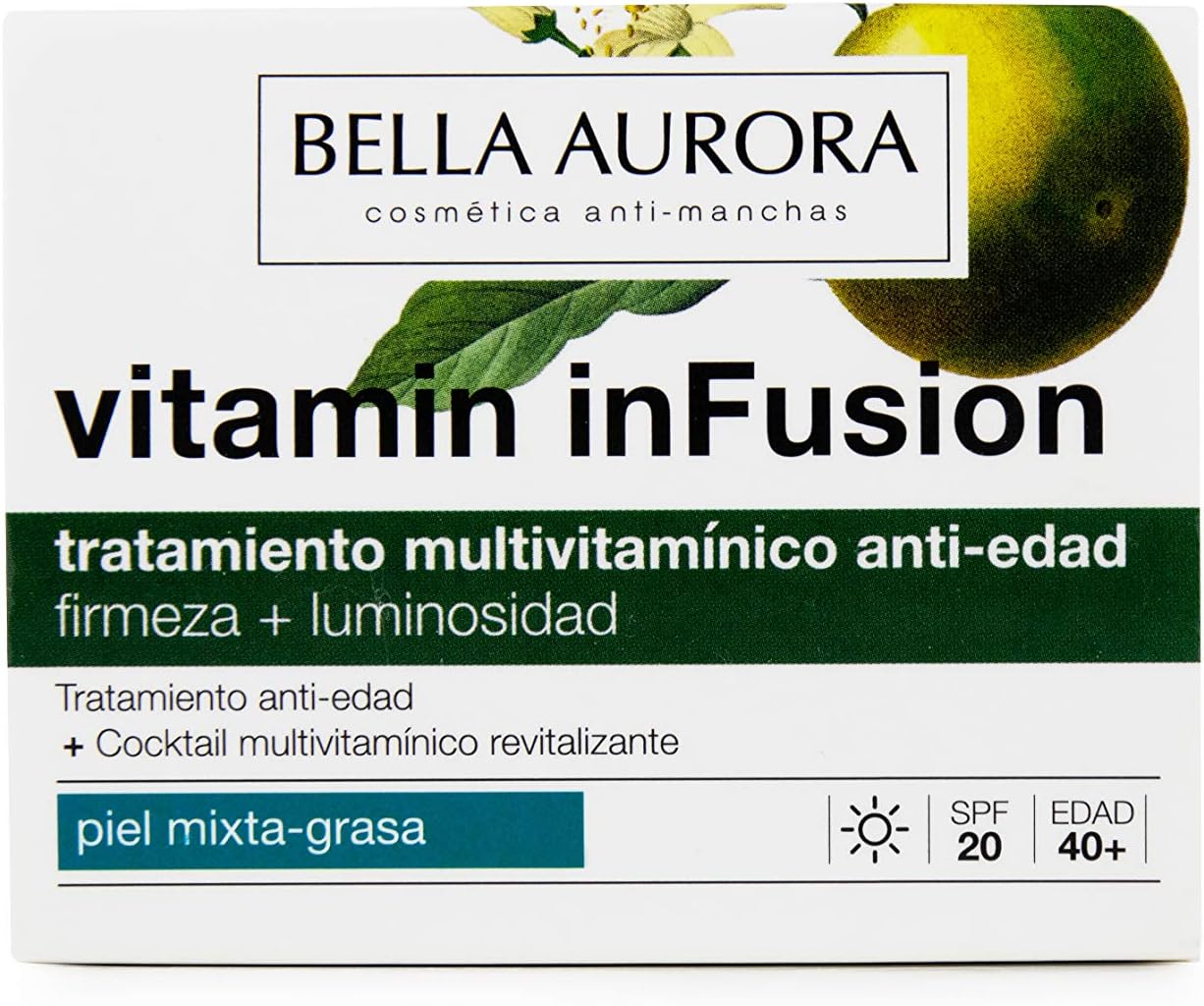 Bella Aurora Crema Facial de Día Anti-Edad y Anti-Arrugas Piel Mixta-Grasa 40+ Años, SPF 20, 50 ml | Prevención Anti-edad | Vitamin inFusion