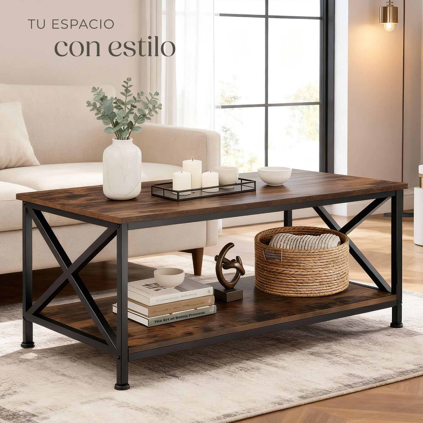 tectake® Mesa Cafe con Estante Inferior, Mesa de Centro, Mueble Auxiliar Salon, Decoracion Hogar, Mesitas de Noche, Mesita de Noche, Muebles - 100 x 55 x 45,5 cm Madera Industrial Oscura, Rústica