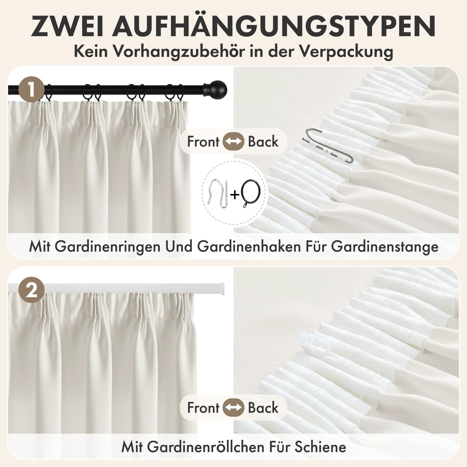 EMEMA Verdunklungsvorhänge mit Kräuselband 2er B140xH260cm Weiß Gardinen | Blickdicht Vorhänge 260 cm Lang Thermovorhang 2er Set Verdunkelung für Schiene Gardinen für Wohnzimmer Schlafzimmer