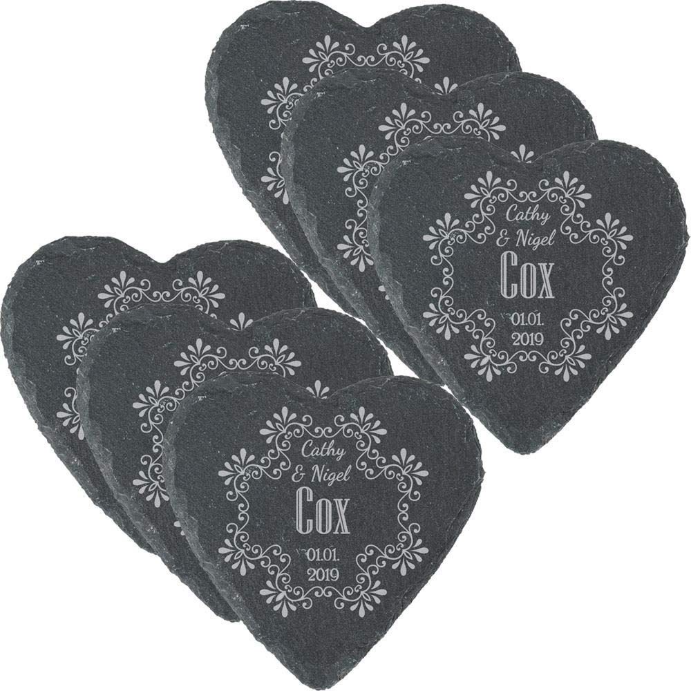 All Things Personalised Set Of 6 Personalised Engraved Heart Slate Wedding Coaster With Names
