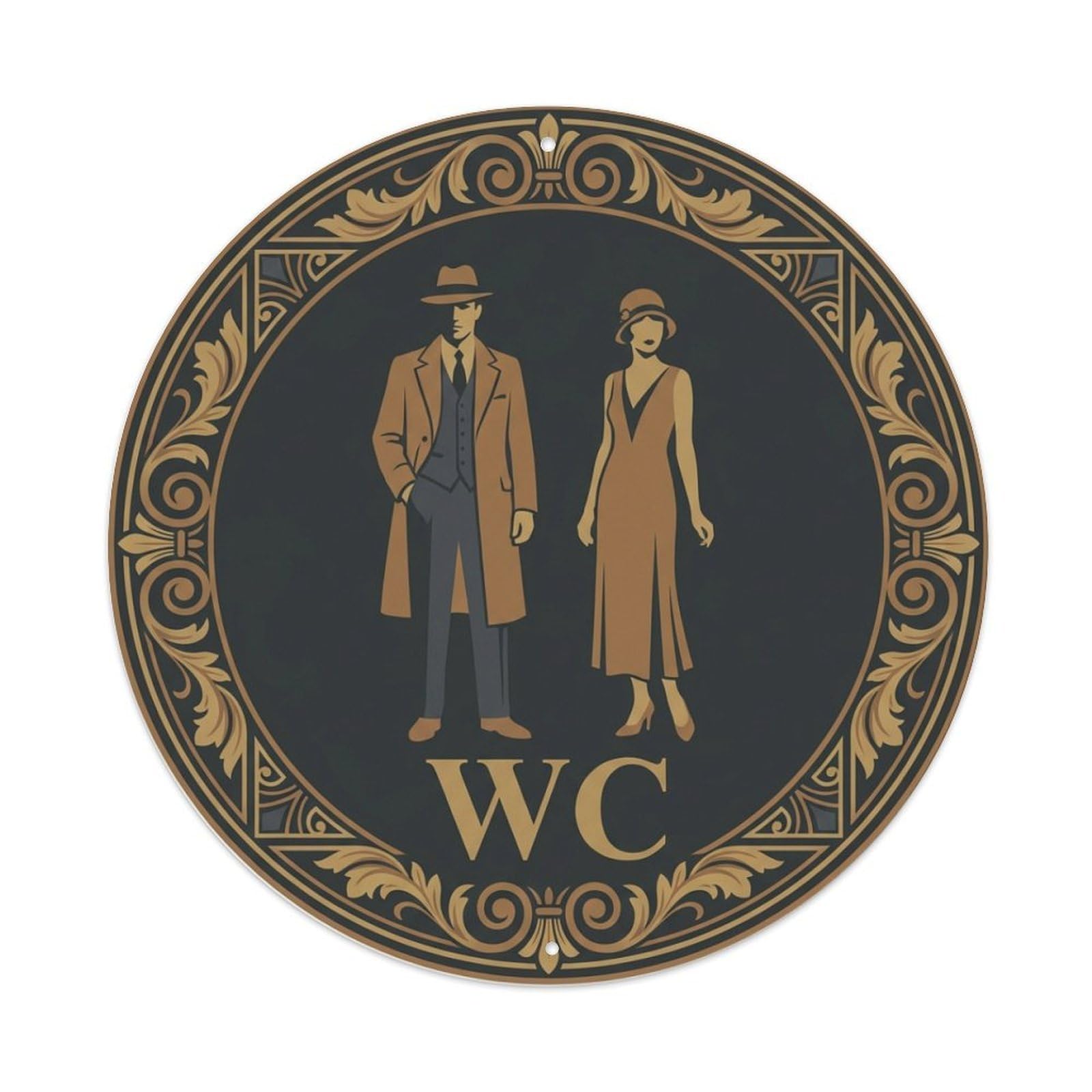 WC Restroom Notice Charcoal Gold Medallion Metal Tin Sign