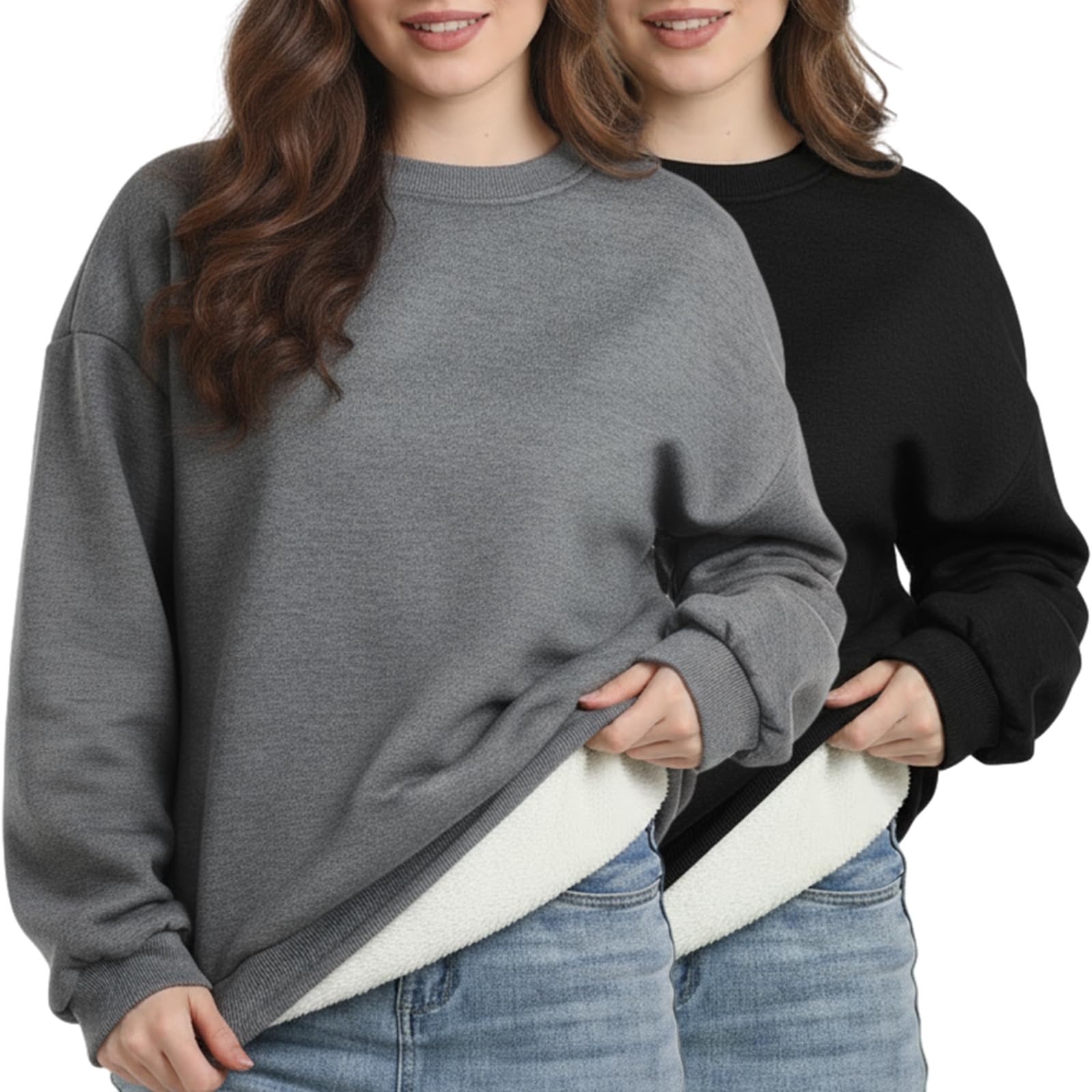 2 Pack Women's Sherpa Lined Sweatshirts Crewneck Fleece Pullover Long Sleeve Tops Winter Soft Sweatshirts no hood-image-40