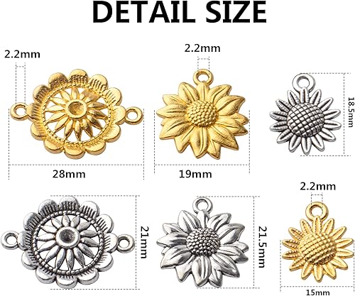 Miniatura 3 de BronaGrand 60 dijes de girasol de aleación vintage con cuentas de girasol, dijes de conector de flores, suministros de manualidades para
