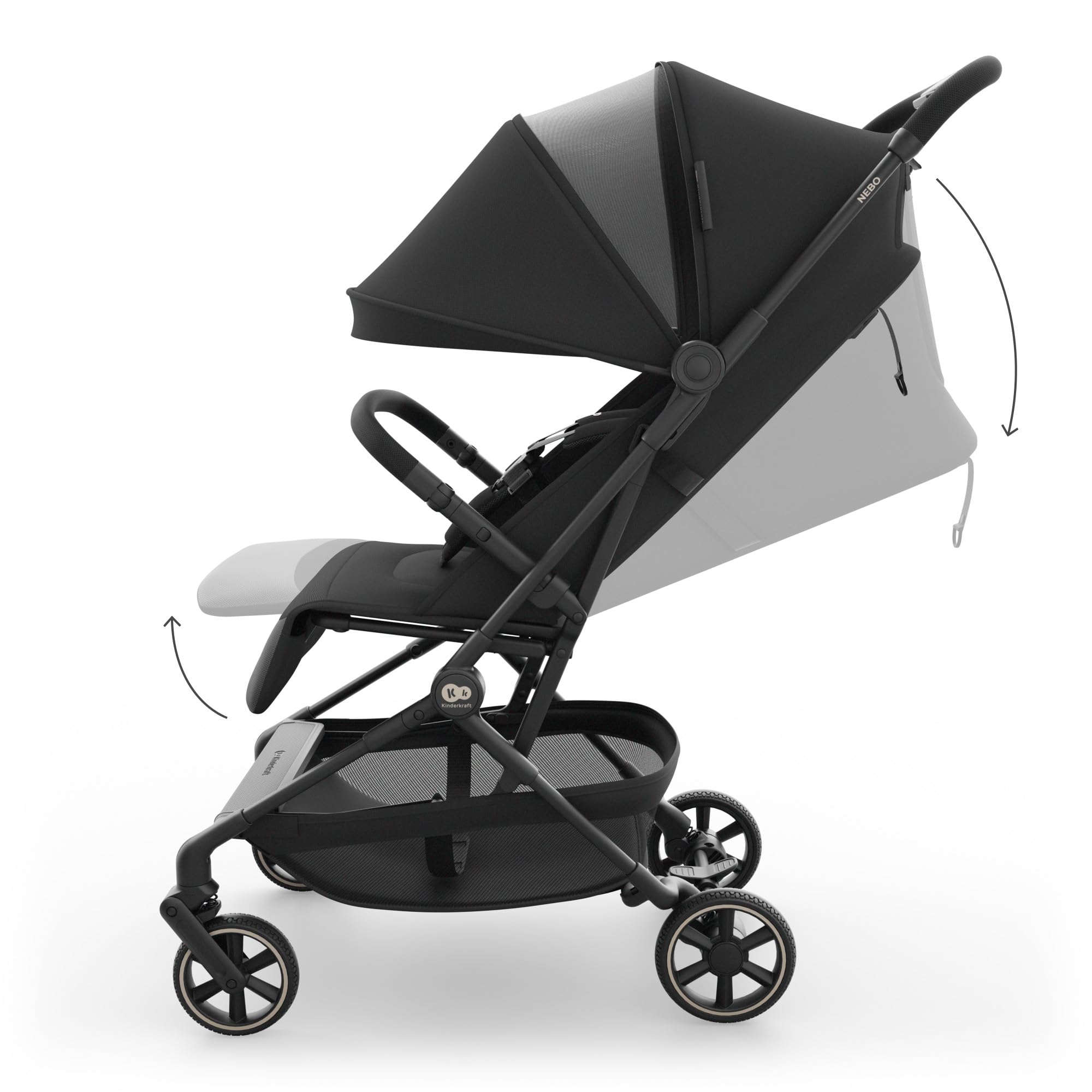 Kinderkraft NEBO Kabinenbuggy ultraleicht, Einhand-Faltmechanismus, Handgepäckmaß 51×43×21 cm, steht selbstständig, Schultergurt+Transporttasche, flache Liegeposition, 5-Punkt-Gurt, Schwarz